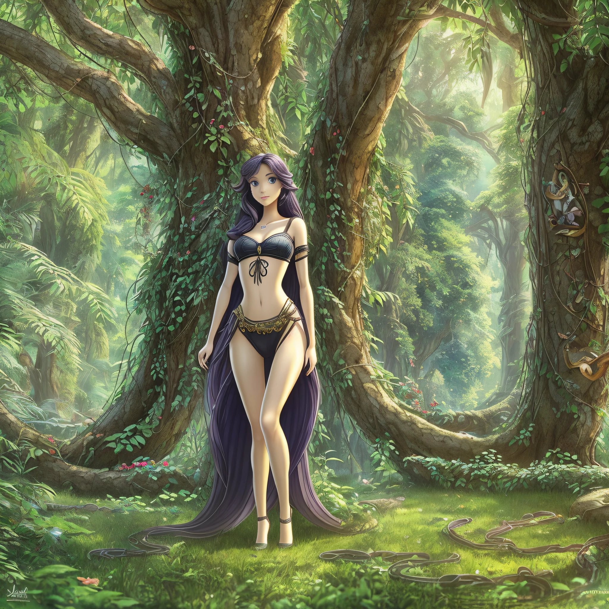 Full body, EVA Rapunzel girl with graceful figure with black hair in the Garden of Eden, girl's body sexy, legs long and graceful, graceful ankles, in the background tree of life on which serpent tempts and red apple of life knowledge, serpent tempts girl, photorealism, super detailed, site 500px, contrast lighting, outline around girl, fill light is soft, 32k