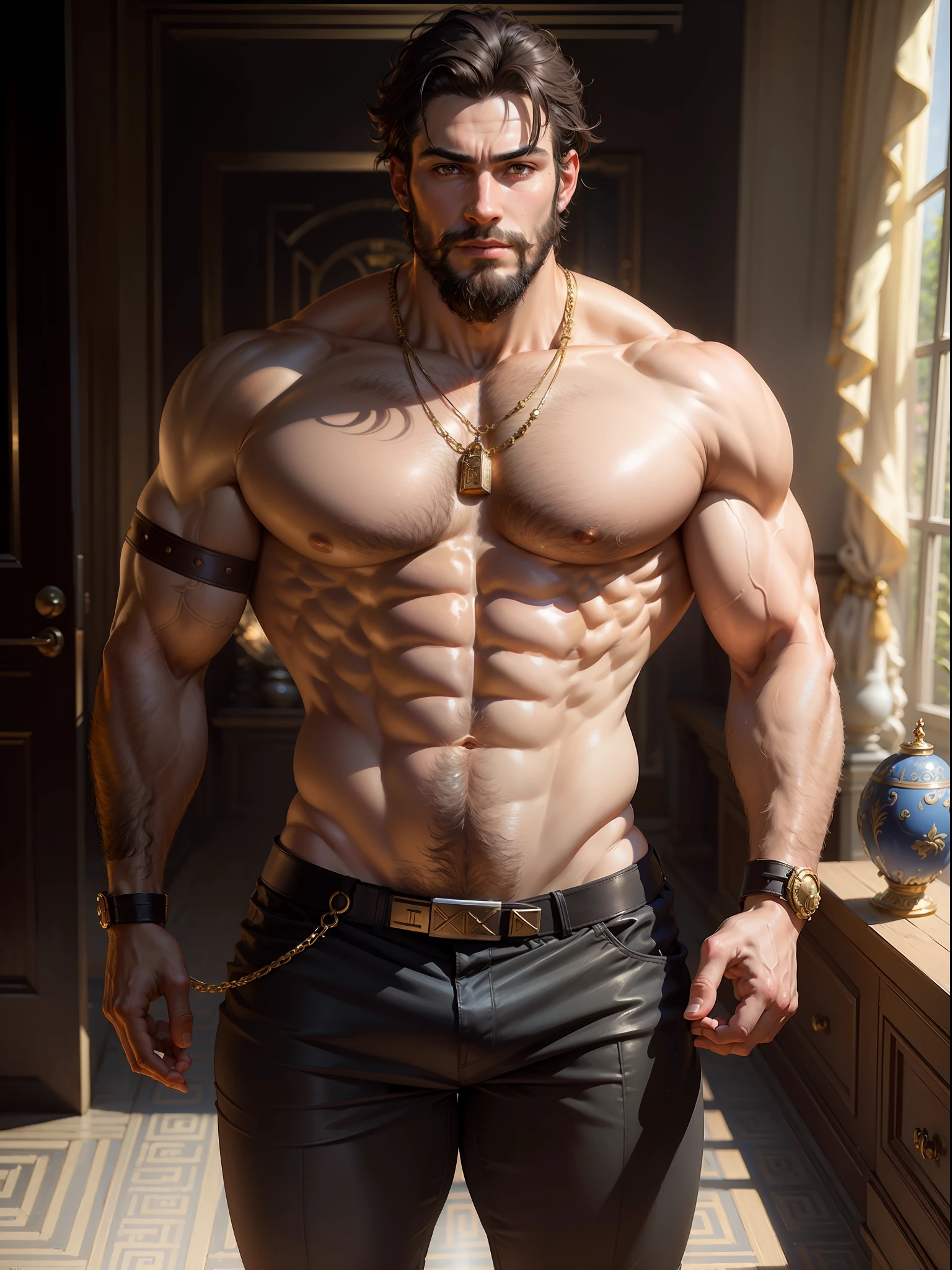 ((best quality)), ((masterpiece)), (detailed), priapus, 1boy, lean muscular body, greek temple room, renaissance, short black hair, handsome masculine face, facial hairy, beard, detailed eyes, muscular chest, (narrow waist), hairy chest, pubic hair, hairy arms, bubble ass, topless, veiny arms, golden chain belt, draping cloth shorts, arm ring, tight pants, wearing a underwear, thick thighs, detailed skin, realistic, style of pino daeni, [style of Daniel F. Gerhartz::0.5], uhd image, hires, 8k, semi-realistic, epic lighting, sharp focus, realistic, romantic,