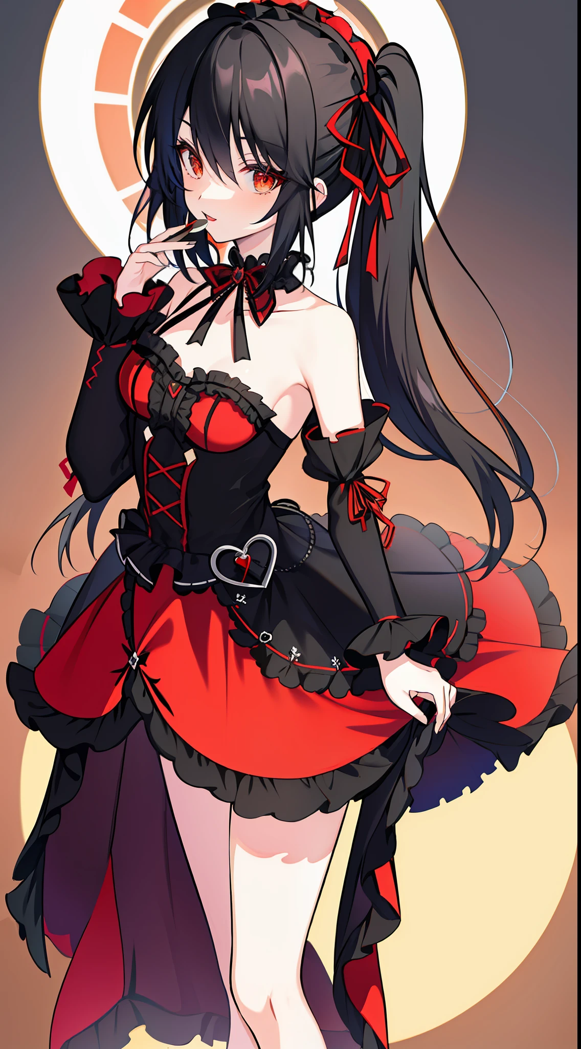 Background plain, 18-year-old beautiful girl, ((((Masterpiece)))), (((Best Quality))), ((((Very detailed)))), detailed fingers, illustration, 1 girl, Solo, Odd-eyed, Black hair twin tails, Shoulder out, Wide open chest, Red and black goth loli style costume, Red skirt with black frills, Black garter stockings, Black shoes, Royal Elegant Pose, KURUMI,