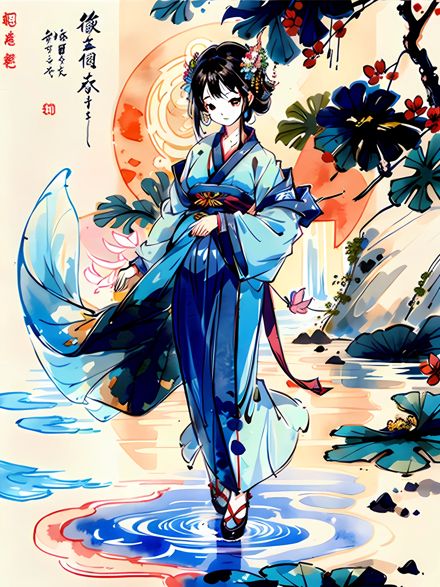 (pastel), artwork, ink, Chinese painting, watercolor, light color, 1 beautiful girl, Chinese style, antique clothes, Hanfu, dressed conservatively, solo, long hair, smile, standing, feet in water, barefoot, (illustration: 1.1), (panorama: 1.4), (full body: 1.05), (single: 1.2), (splashed ink), (splashed color), (watercolor), close-up water flow, lotus, rock, distant ancient buildings and mountains, beautiful and intricate clothing pattern details, (meticulously portrayed face), (delicate facial features), delicate hair portrayal, (delicate eye portrayal), meticulous finger portrayal, (best quality), (masterpiece: 1.1), ultra-clear resolution, 8k wallpaper, UHD, more details, high quality, high detail, rich details, high score efficiency