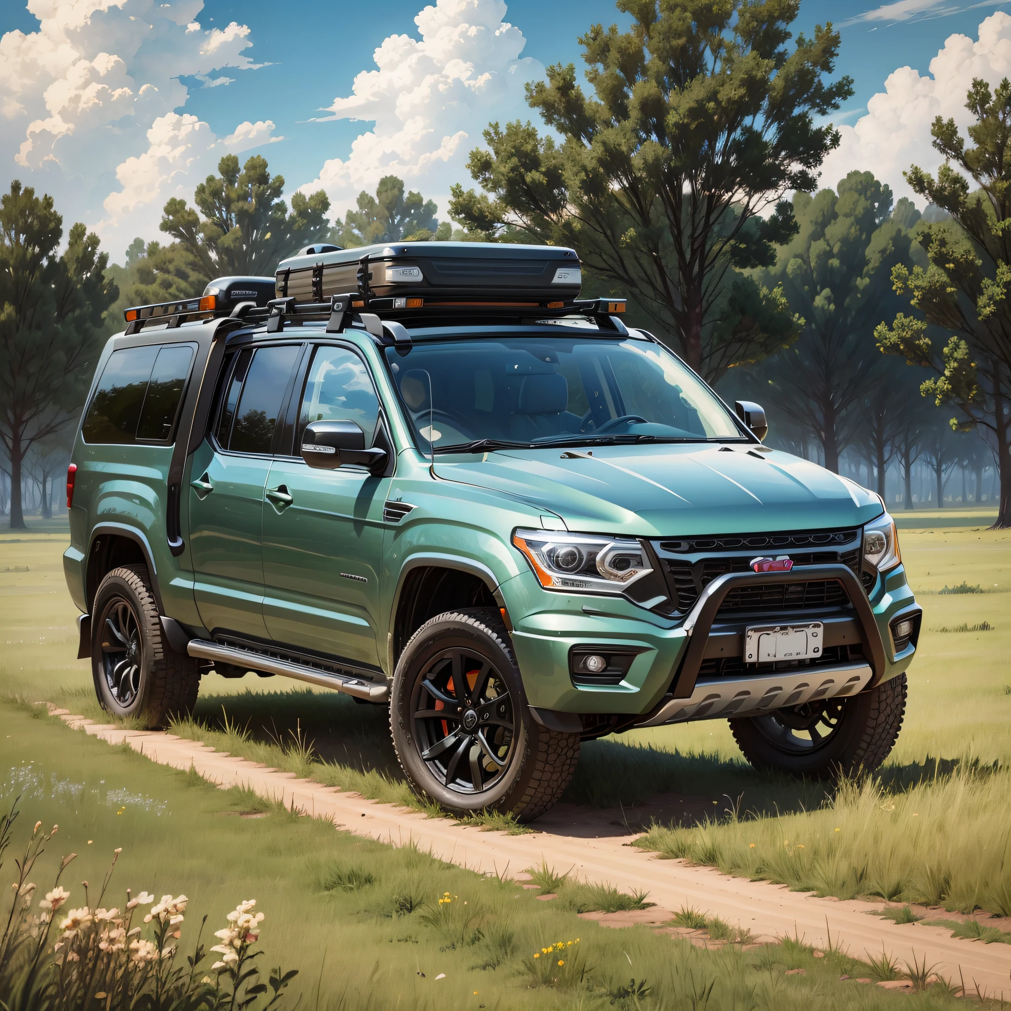 There was a speeding SUV with a bicycle strapped to it in the vast grassland, and there were a few clouds in the sky --auto --s2