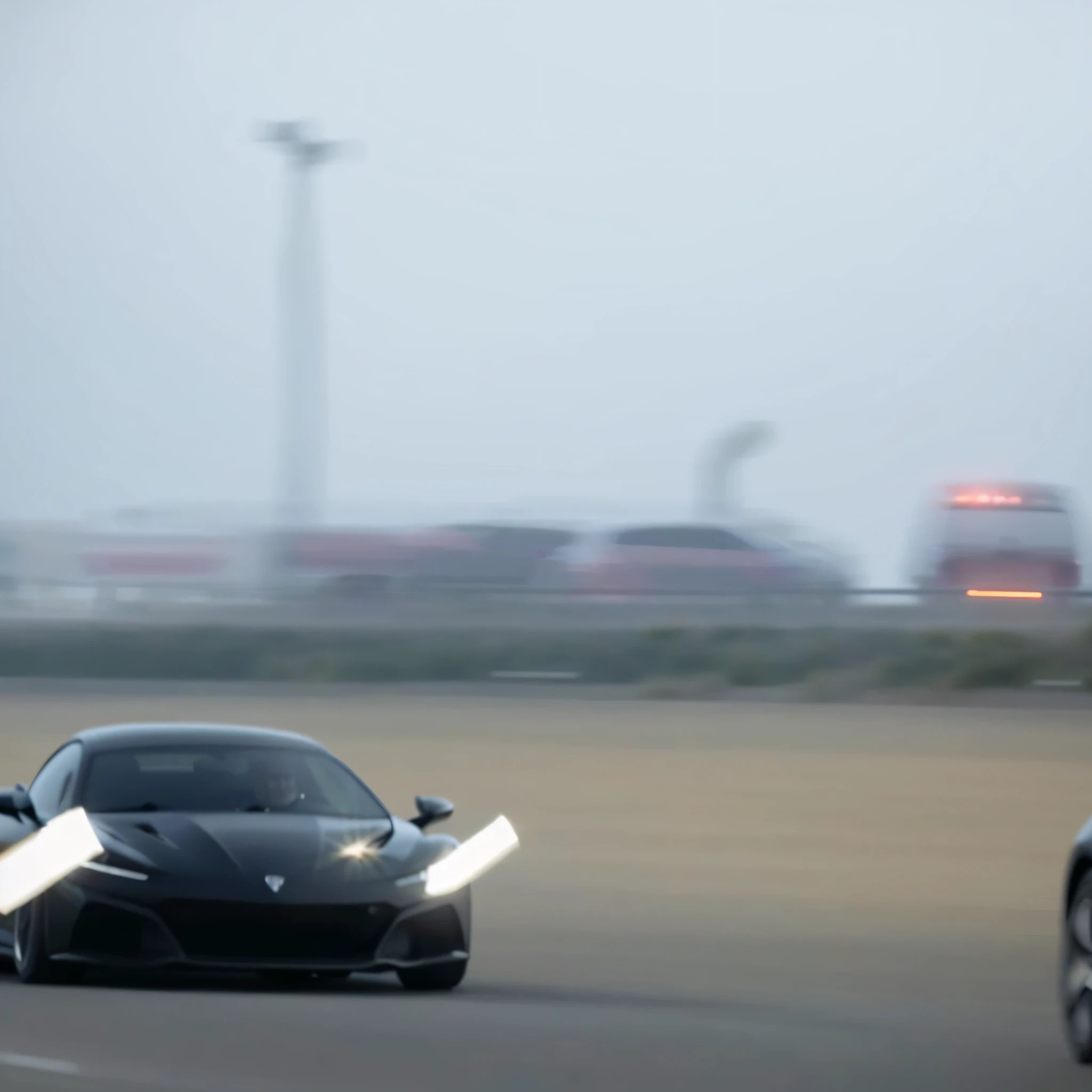 There is a black sports car driving on the road, extremely strong wind, high-speed chase, high wind, HD quality, 4K picture quality, handsome sports car on the highway, the car moves fast, and the license plate says SAROTIN