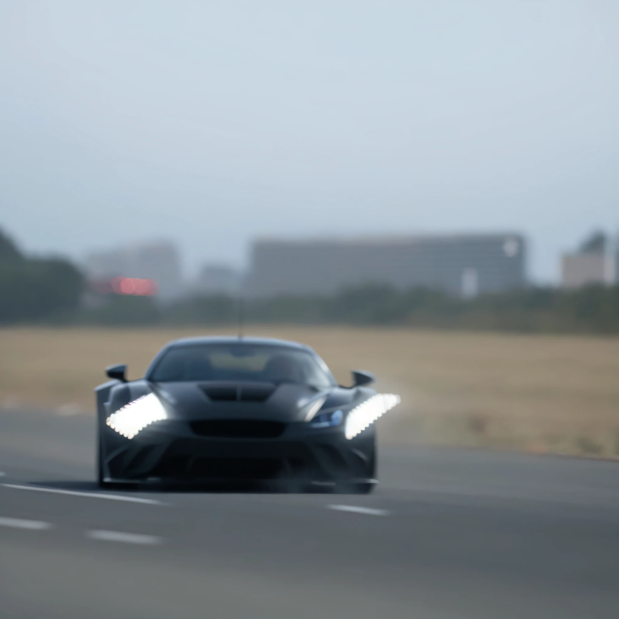 There is a black sports car driving on the road, extremely strong wind, high-speed chase, high wind, HD quality, 4K picture quality, handsome sports car on the highway, the car moves fast, and the license plate says SAROTIN