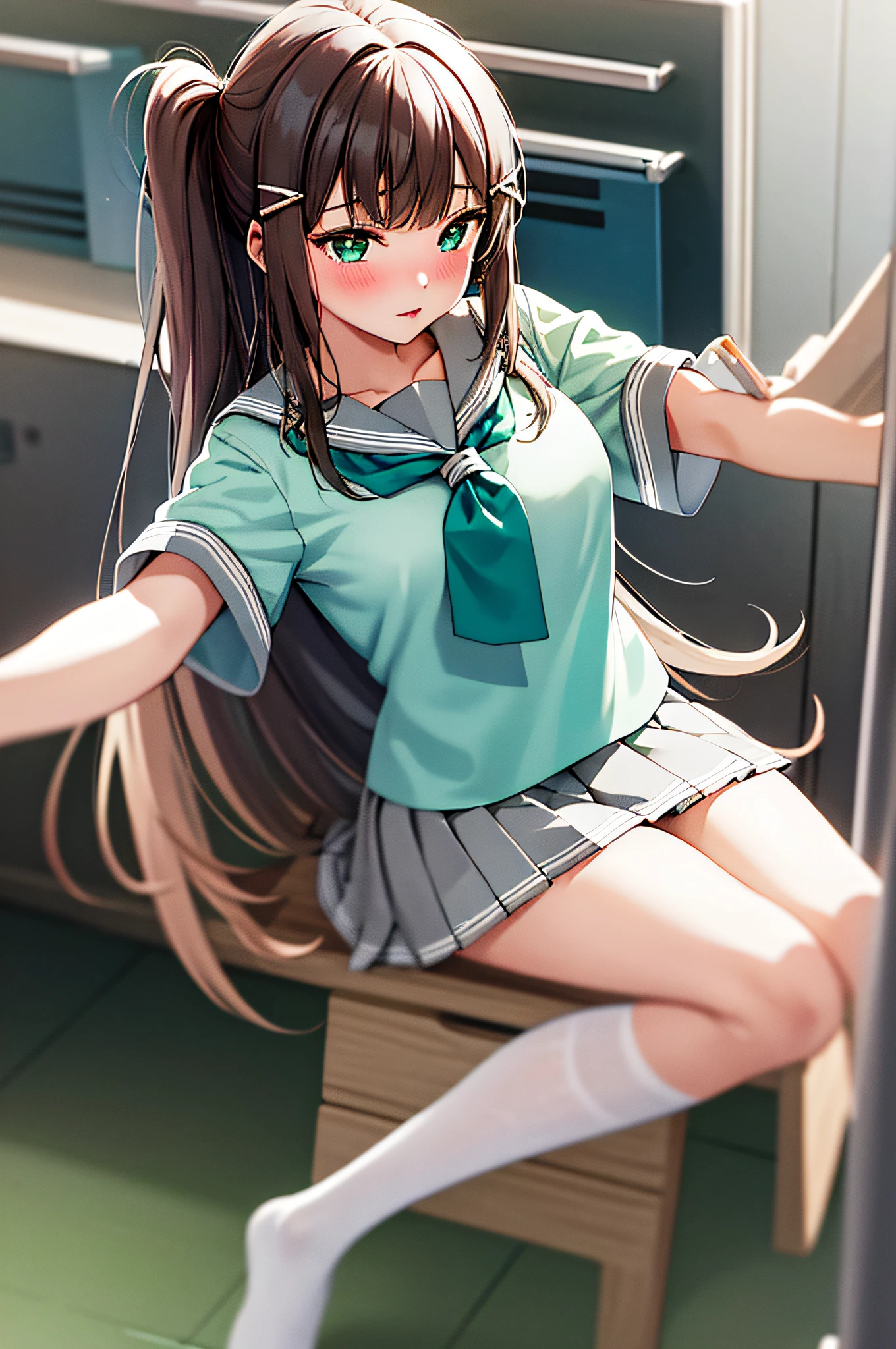 Masterpiece, Best Quality, 1girl, Long Hair, Middle Breasts,Urano Star School Uniform, School Uniform, Short Sleeve, Pleated Skirt, White Serafuk, Neckerchief, Grey Skirt, Grey Sailor Color, Tie Clip, Green Neckerchief, Green Eyes, Hair Ornament, Hair Clip, Parted Lips, Blushing, Classroom,