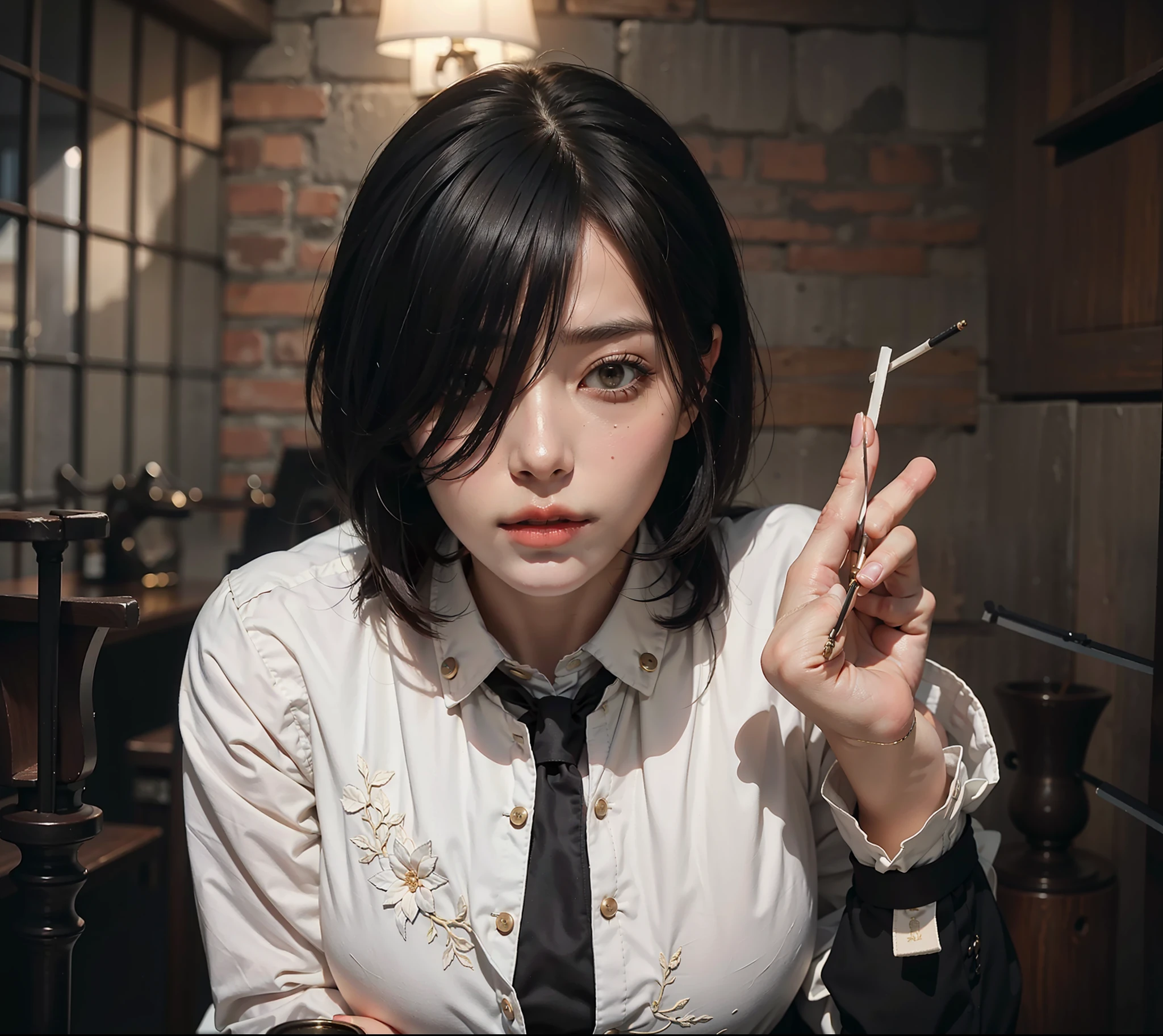 Best quality, masterpiece, big boobs, (large breasts), detailed skin texture, detailed cloth texture, detailed face, super detail, 8k, intricate detail, 1girl, detail eyes, holding a cigarette, blindfold on the right eye