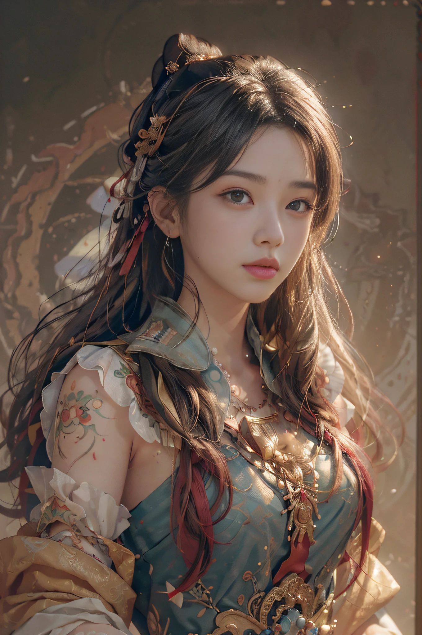 (RAW photo, best quality), (realistic, photo-realistic:1.3),best quality,highly detailed,masterpiece,ultra-detailed,illustration,1girl,upper_body,dynamic angle,world masterpiece theater,messy_long_hair,best quality,extremely detailed CG unity 8k wallpaper,ink,Amazing,cinematic lighting,lens_flare, dunhuang_style