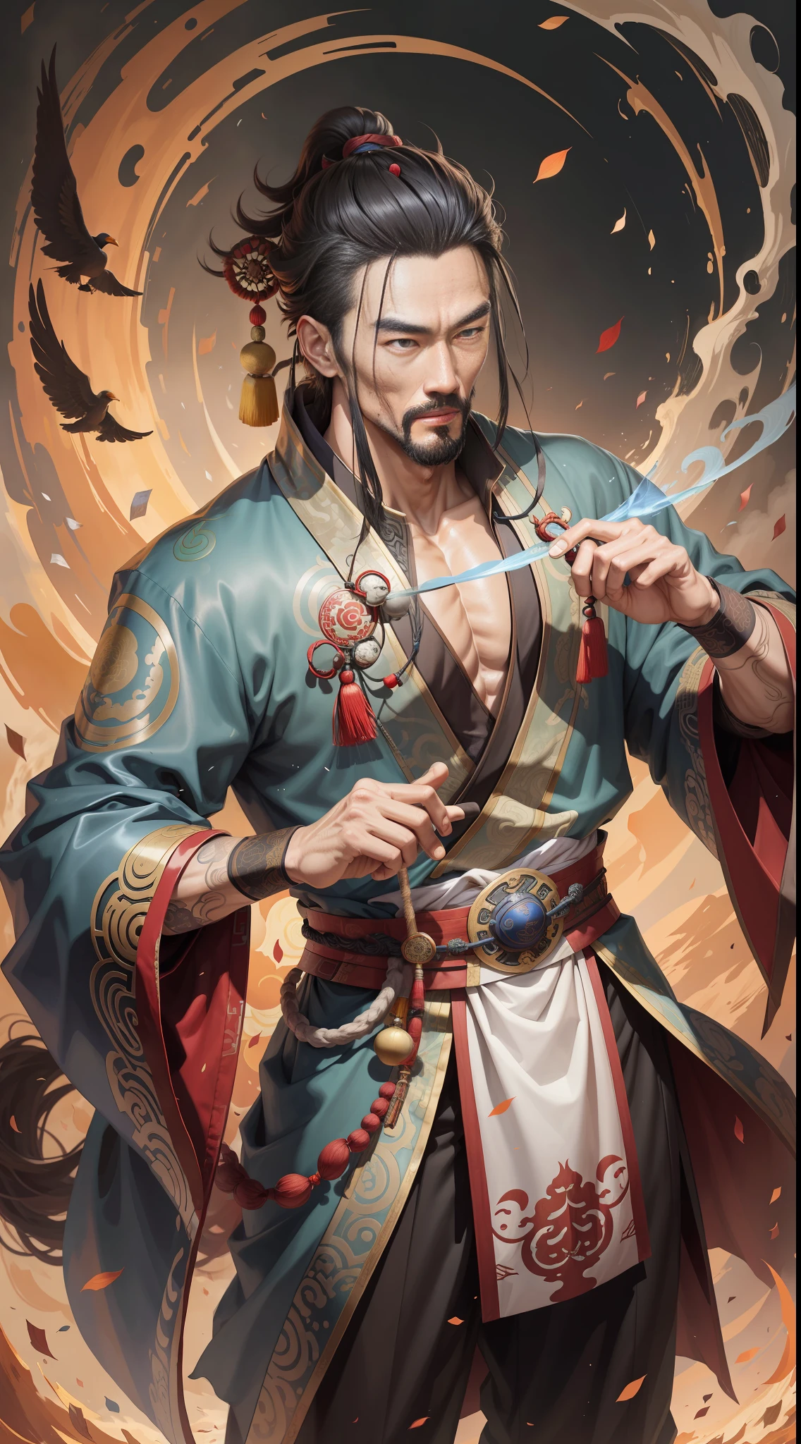 An ancient Chinese man, male focus, handsome guy, big hero, Taoist robe, tai chi, floating dust in hand, crane beside him, clear face, masterpiece, super detailed, high quality, highest quality, 16k