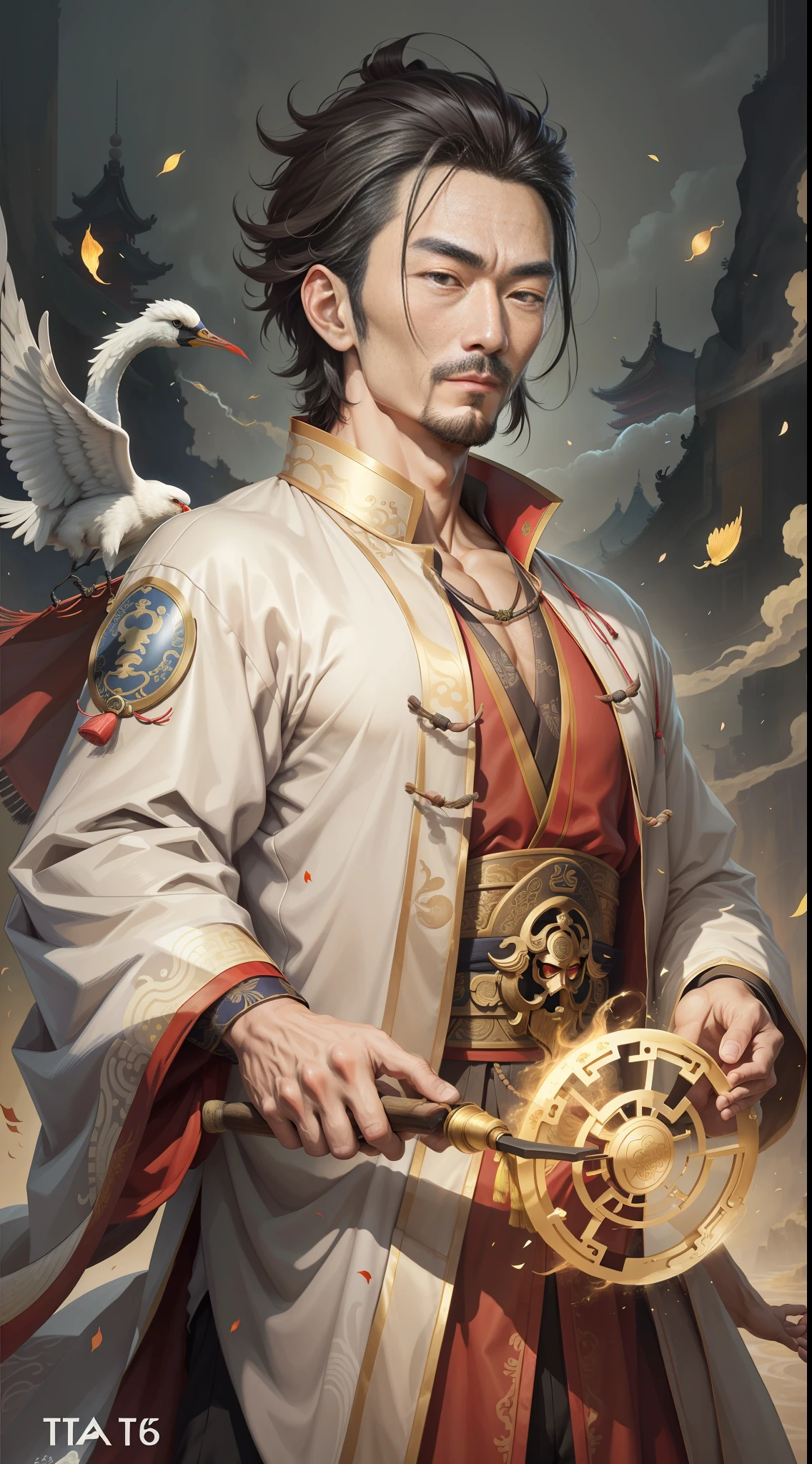 An ancient Chinese man, male focus, handsome guy, big hero, Taoist robe, tai chi, floating dust in hand, crane beside him, clear face, masterpiece, super detailed, high quality, highest quality, 16k