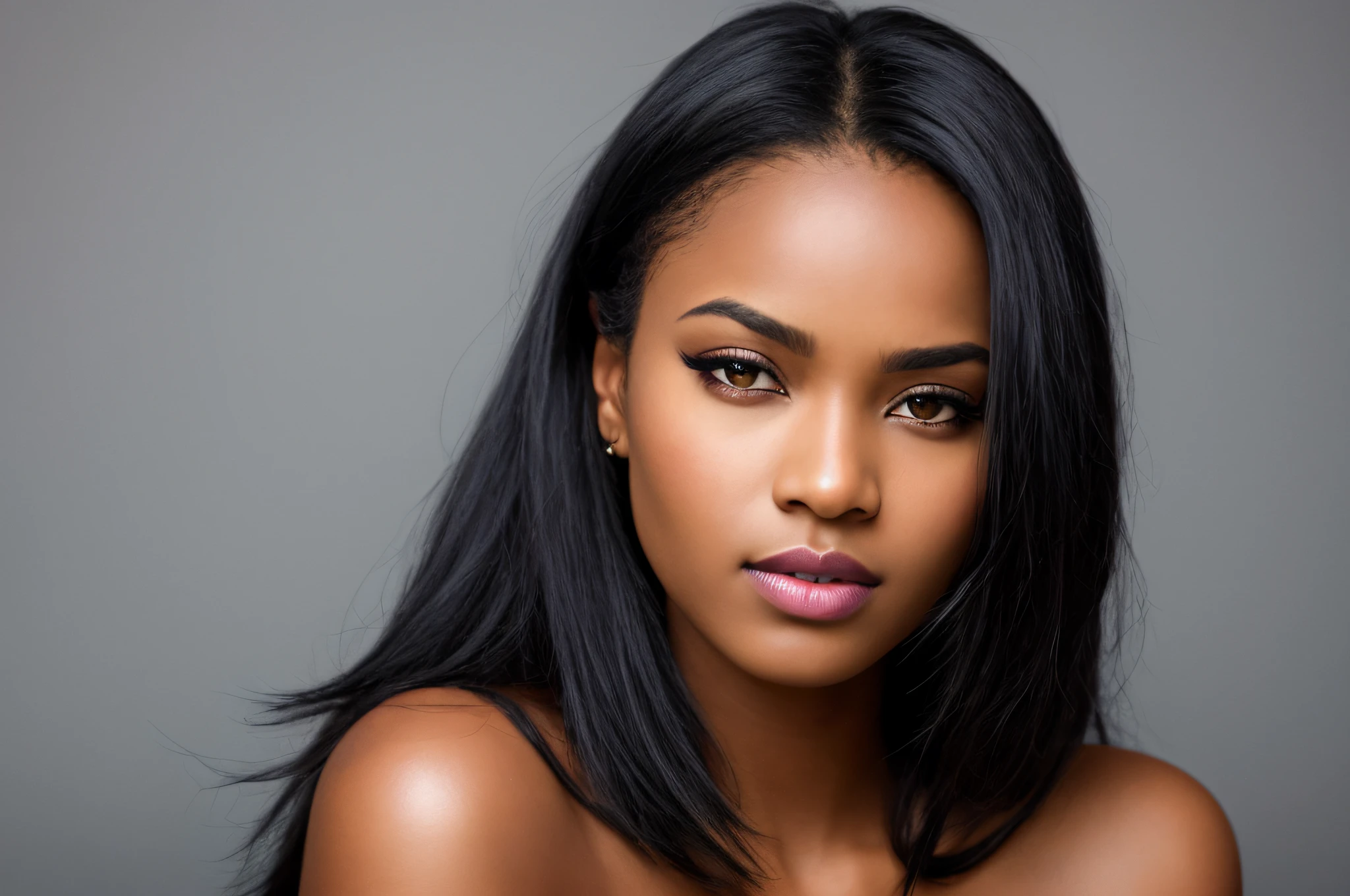 ebony woman, (to8contrast style), (Close-up portrait), open mouth, 8k RAW photo, highest quality, detailed hazel eyes, eye reflection, winged eyeliner, (looking at the viewer:1.3), best shadow, intricate details, interior, (bold hair:1.3), muted colors, high contrast style, glam shot, smoldering, (sultry:1.1), dof, bokeh, intense, languid, tempting, sensual, seductive, longing, yearning, smitten, dark photography studio, minimal lighting, deep shadows, stark contrasts, dramatic highlights, (black backdrop:1.2), dimples, fullness, plumpness, natural blue lips, bold color, alluring, captivating, striking, unforgettable, stunning, breath-taking, timeless beauty. (bare shoulders:1.2), headshot