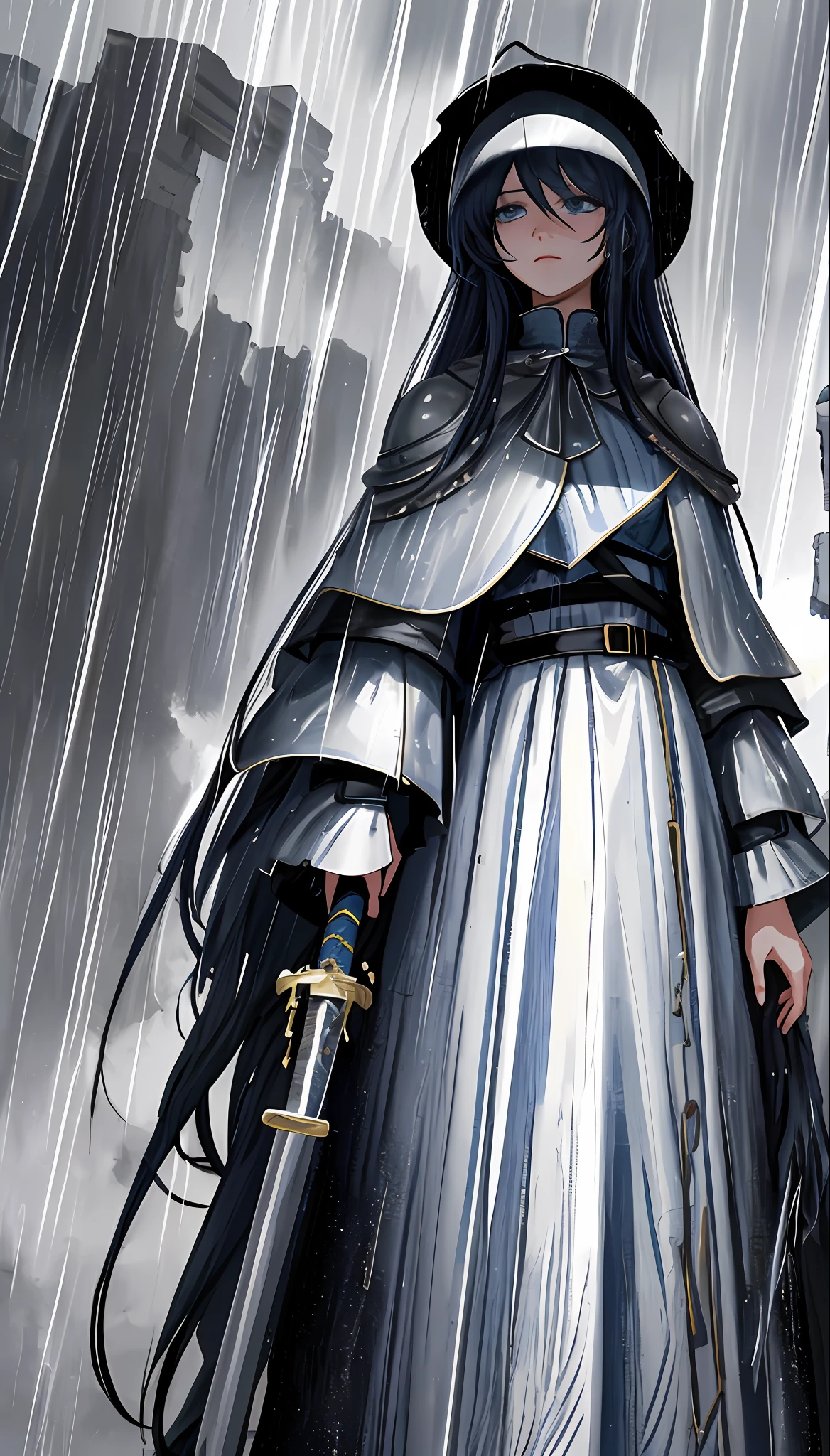 (masterpiece), (best quality), (super detailed),(disheveled hair),(illustration), (1girl), (fashionable clothes), standing, Fashion model, looking at the viewer, (interview), (simple background), a knight girl in armor, sitting in the rain, her sword and shield lying side by side, her desire for glory did not stand the test, storm clouds over her naked, rain, her eyes lowered in deep despair, dark colors, rain, thunderstorm, sadness, cloak develops in the wind, ((head down)), her helmet lies beside her, her face is not visible, many swords lie nearby, some are pierced into the ground, darkness stretches behind her back