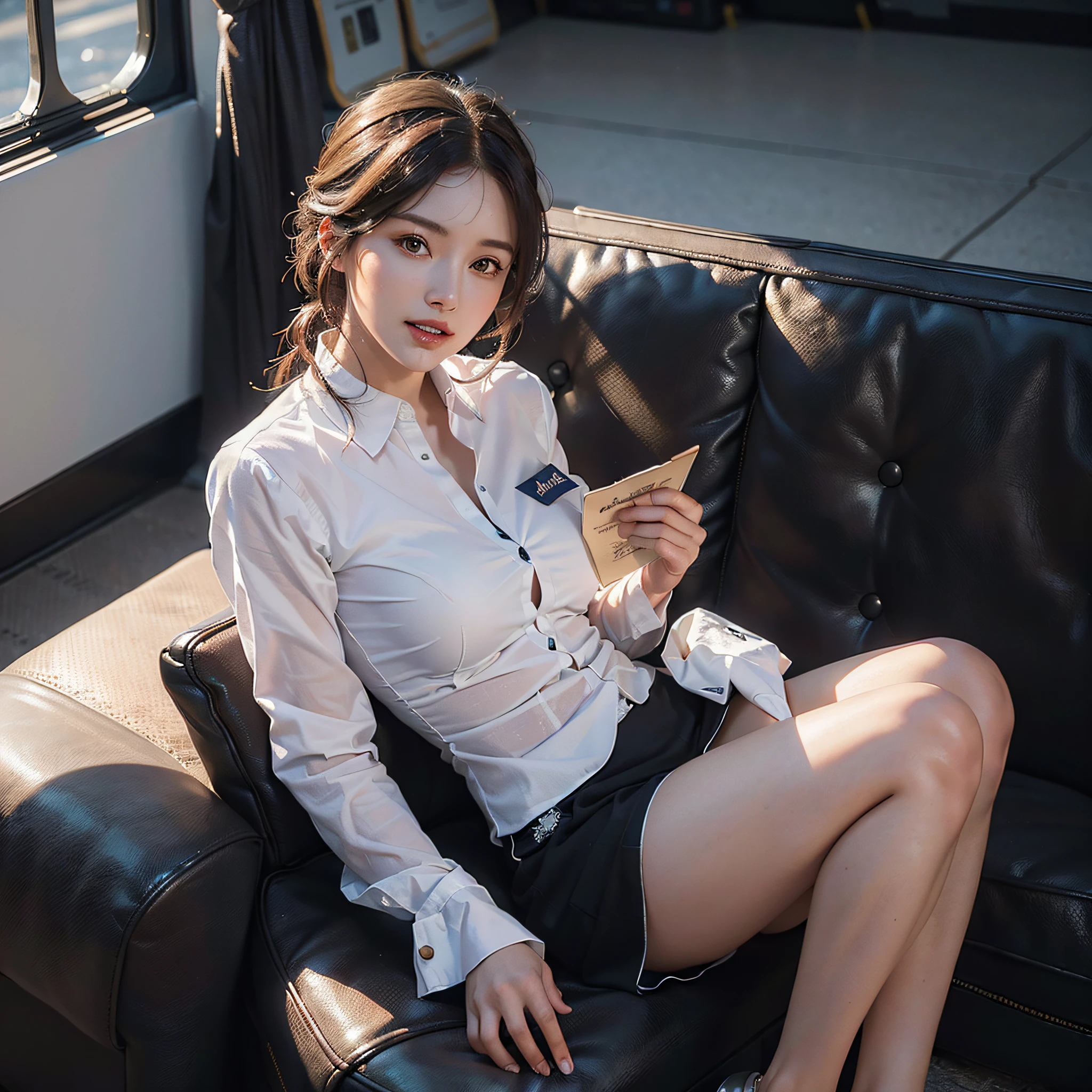 (masterpiece, best quality, beautiful quality, photorealistic, looking at viewer, detailed lighting, extremely detailed skin, extremely detailed hair, extremely detailed teeth, shadows, 8k:1.2), (a picture of a woman is a (stewardess), 1girl:1.2)(full body), stewardess uniform, id card