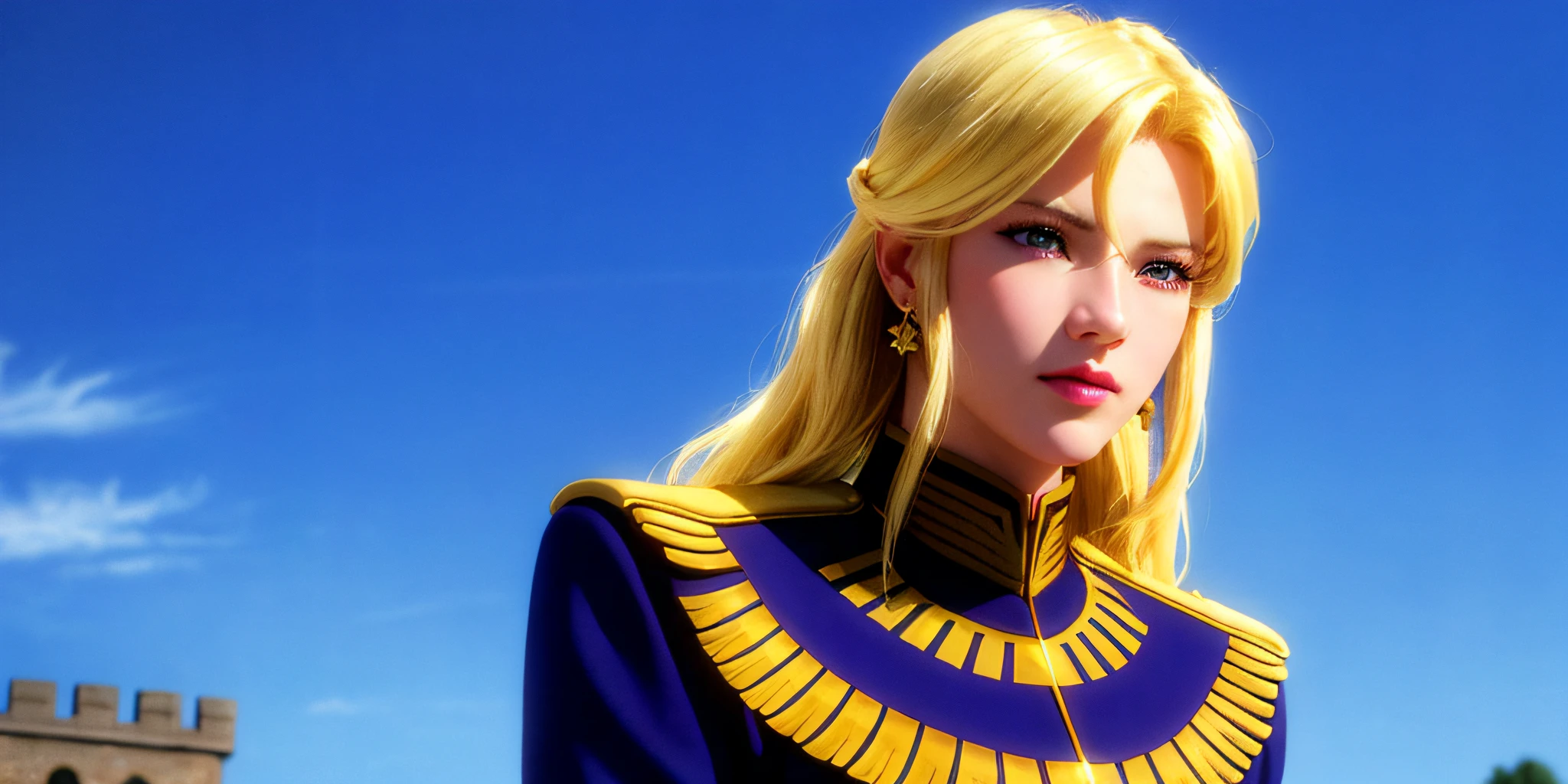 standing in front of castle, angry, necklace, earrings, full body, long blonde hair, blue military uniform, superb, ultra-high-definition, RAW photo, realism: 1.25), (bright lip gloss, long eyelashes, smooth face , bright skin, natural shadows, wide light, wide light, depth of field, strong colors, subtle caustics: 0.8), (big tits), v6
