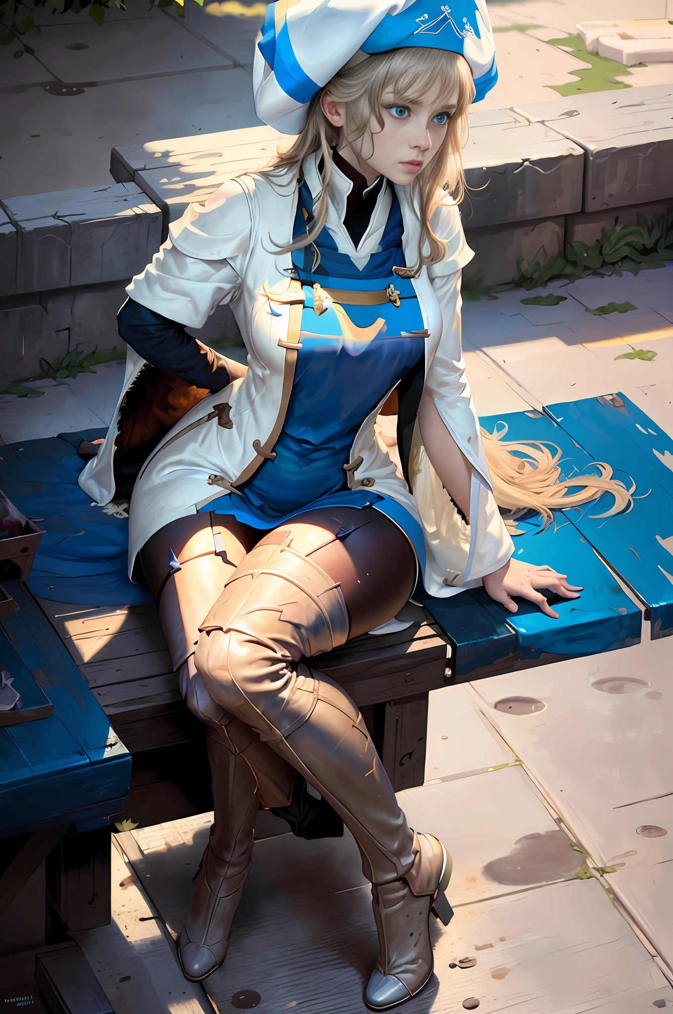 masterpiece, realistic, realism, photorealism, high contrast, photorealistic digital art trending on Artstation 8k HD high definition detailed realistic, young beautiful woman, petite, very small perky breasts, ((blue eyes)), blonde knee long hair, tight white boots, white knee high socks, ((priestess)), parted lips, art by artgerm and ruan jia and greg rutkowski surreal painting, detailed, skin texture, hyper-detailed, realistic skin texture, side view, garden, praying, head down, sitting,