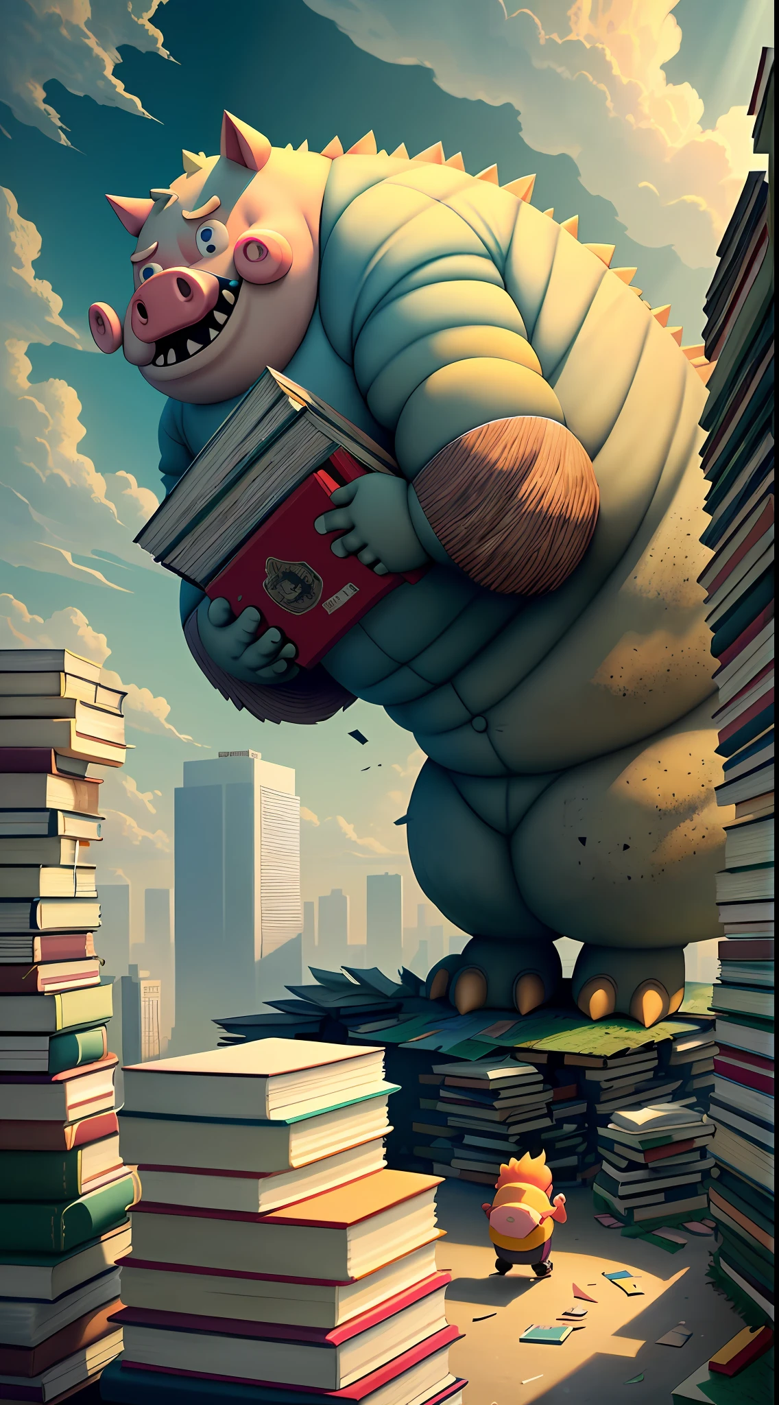 A huge fat pig-shaped ((monster sculpture)) made up of many books is collapsing, many books and books are scattered all over the place, the sky is tornado rolling up a lot of paper books, colorful and sunny, there is a small figure of a standing child on the ground, very allegorical pictures, high quality, 8k