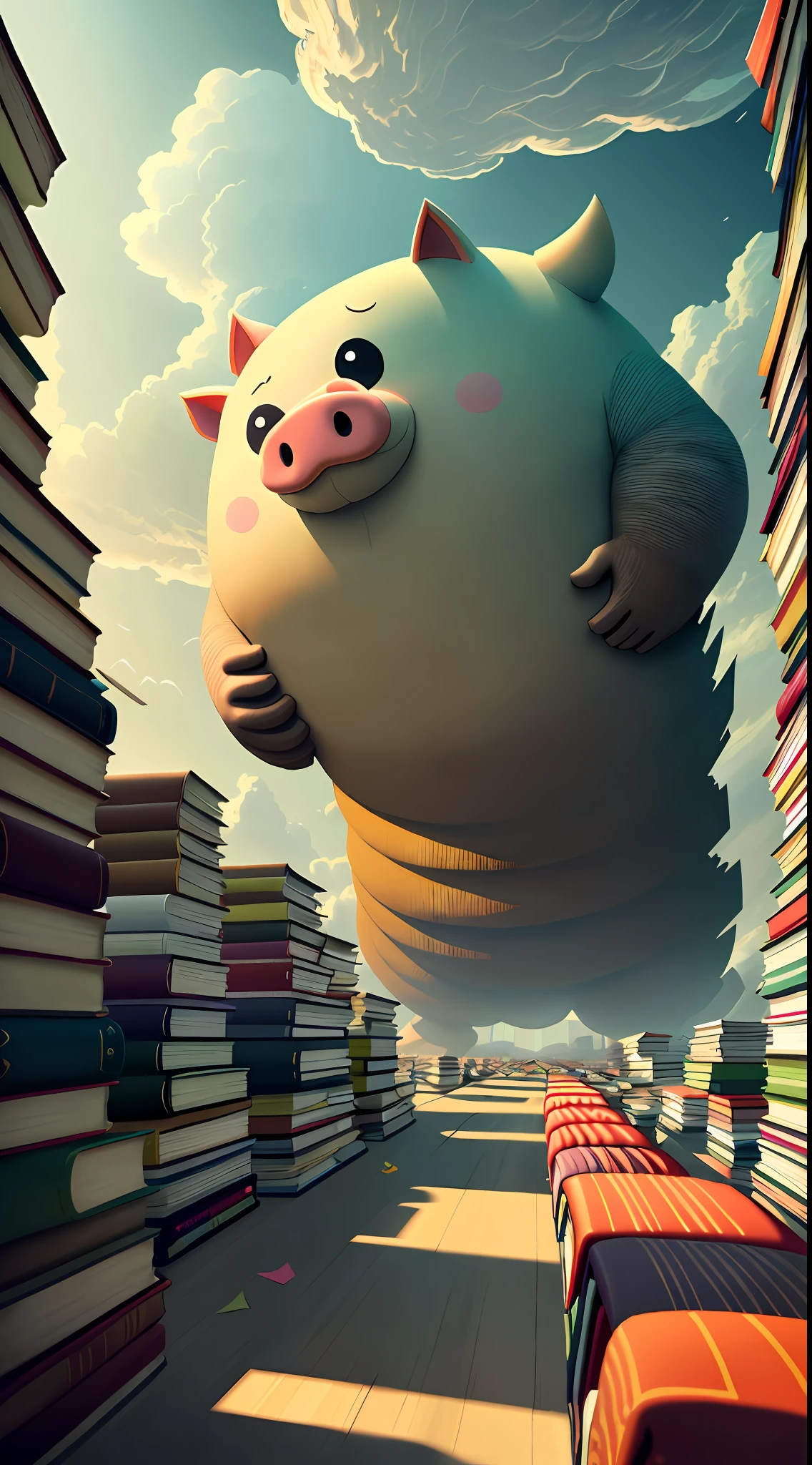 A huge fat pig-shaped ((monster sculpture)) made up of many books is collapsing, many books and books are scattered all over the place, the sky is tornado rolling up a lot of paper books, colorful and sunny, there is a small figure of a standing child on the ground, very allegorical pictures, high quality, 8k