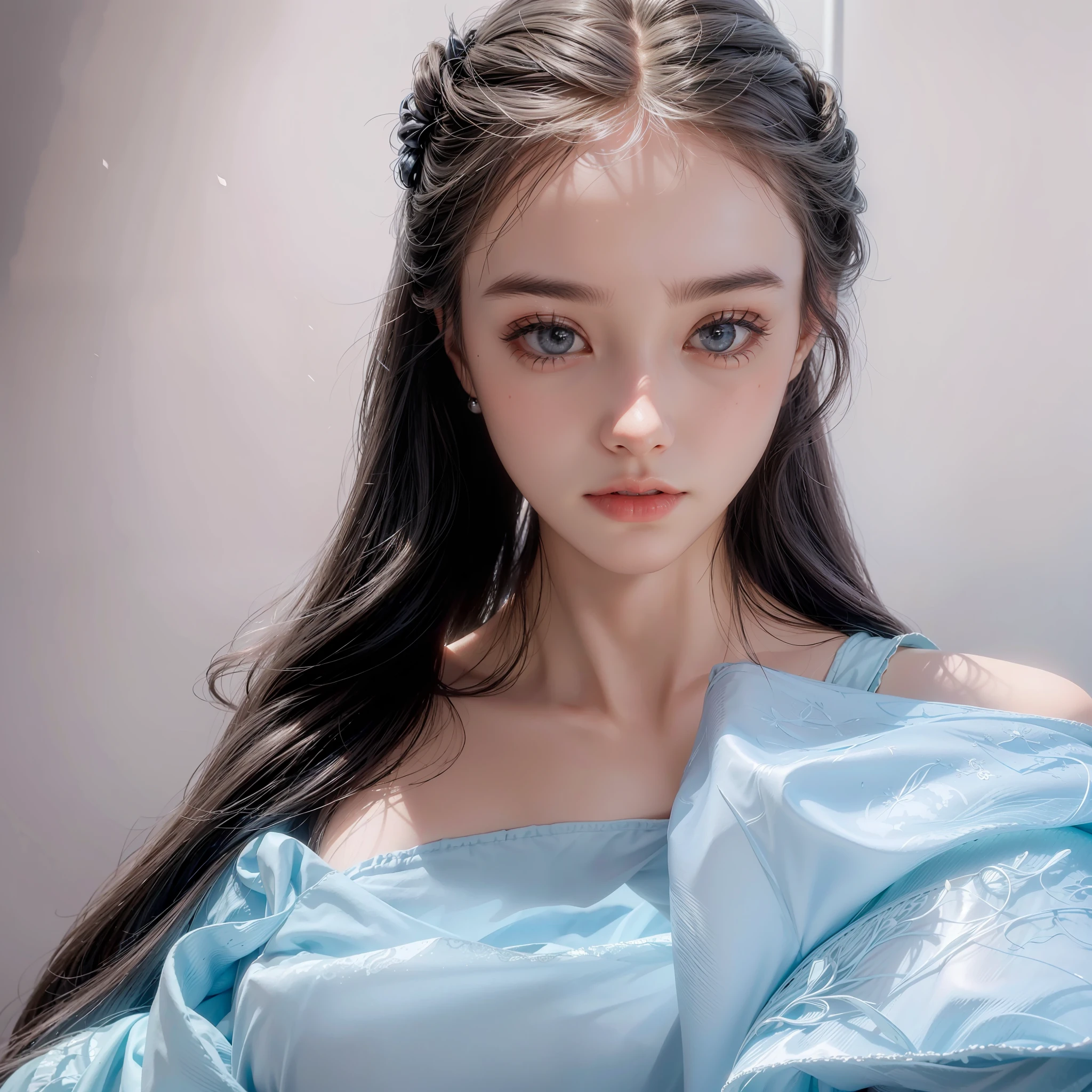 Best image quality, masterpiece level, ultra-high resolution, realism, fantasy theme, facial details, a girl, single, scattered, fairy theme, mischievous pose, white loose fringed long skirt, interior, candle, get detailed indoor lighting and movie lighting, increase detailed overall ambient light, face and eye details, improve the realism of body details, clearly express sharp focus, angry expression, fairy costumes, bright eyes, simple background.