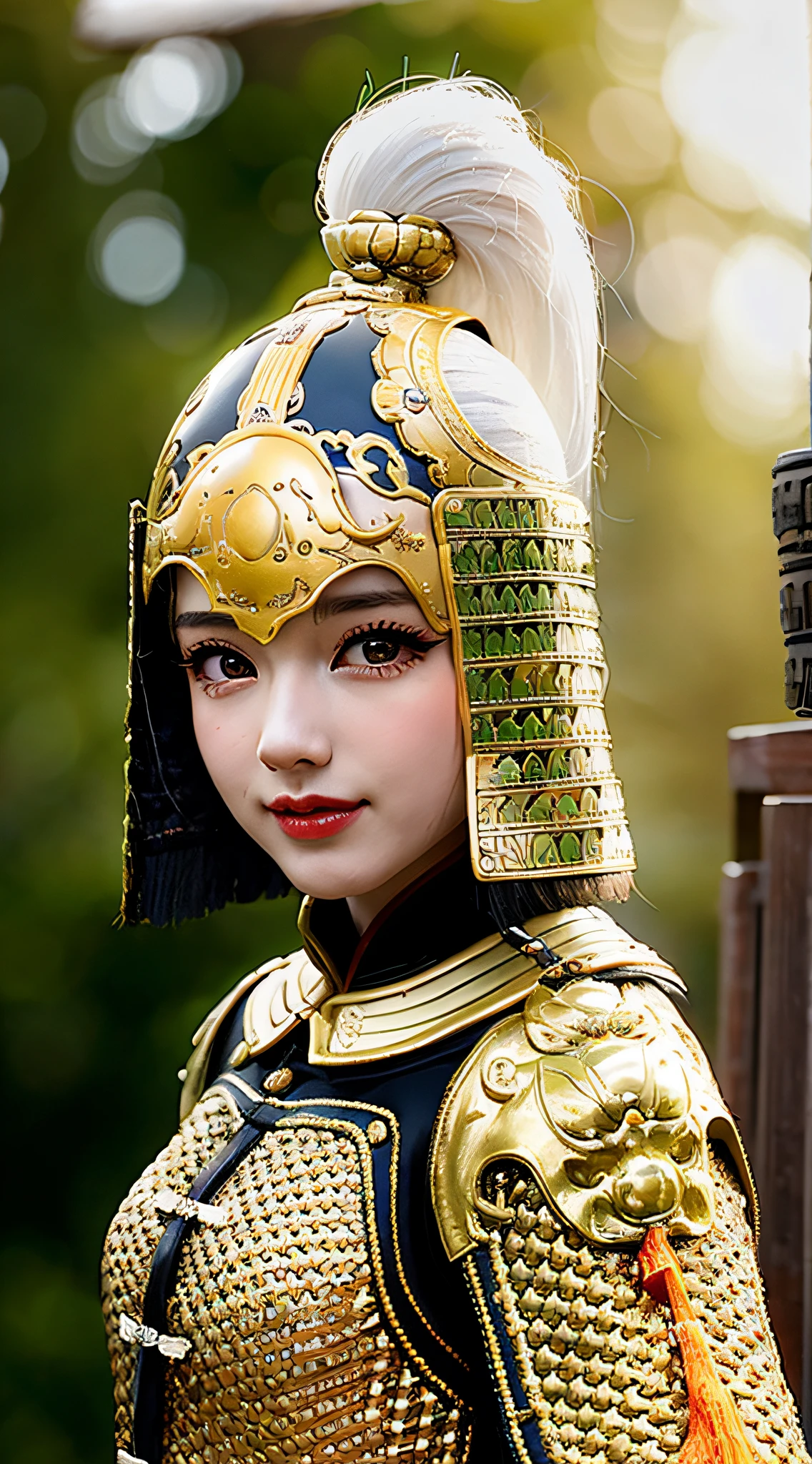 Close-up portrait, sexy, [ : (High Detail Face:1.2) : 0.1], (PureErosFace v 1:0.8), ((Body Portrait)), pores, Real skin, Hairband, Flying hair, (White hair 0.4), Ancient headdress, Hairpin, Smile, Affectionate eyes, Glowing eyes, Beautiful scene, Shadow, Backlight, Natural light, Film particles, zskuijia, chinese armor, sword, chinese architecture, grassland, tree, close-up portrait, sexy