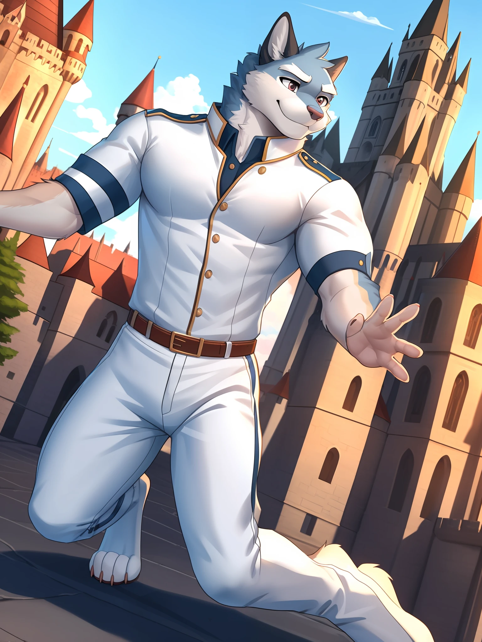 Argo, solo, shirt, 1boy, male focus, uniform, bala, (white uniform), by Zackarry911, by Zaush, (by personalami:0.5), solo, male, (dynamic pose: 1.3), zootopia style, detailed background, smile, smile, look at the audience, (soft shadow), 4K, high resolution, dark theme, muscle, castle, full nude