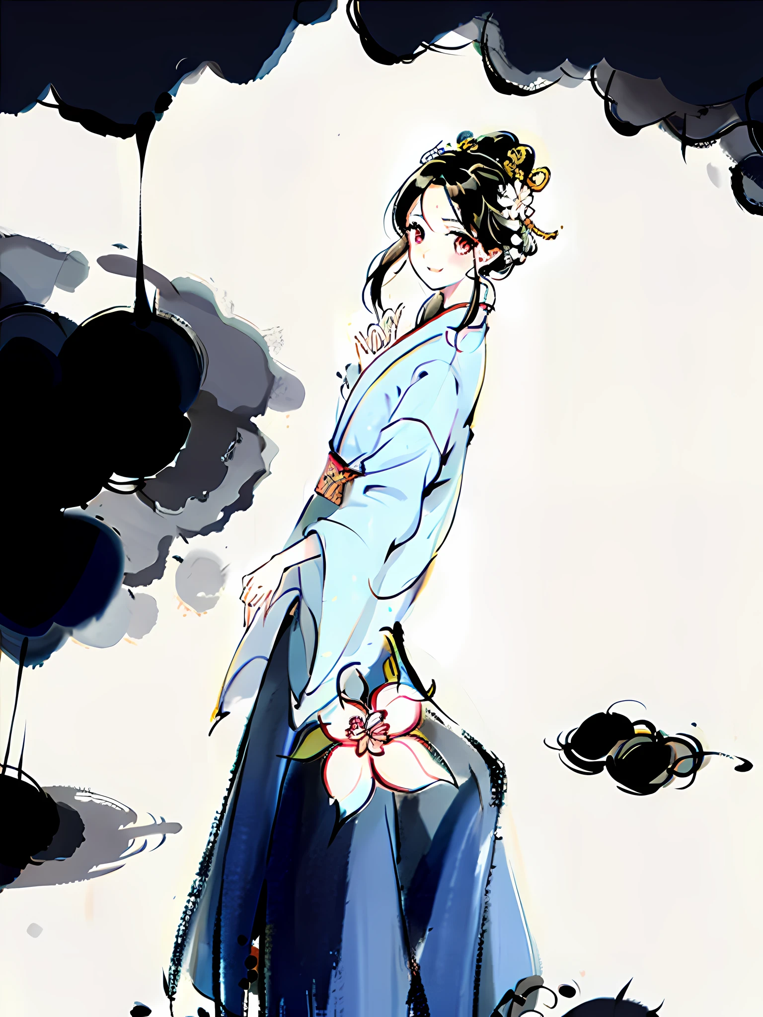 Artwork, Ink, Chinese Painting, 1 Beautiful Girl, Chinese Style, Antique Clothes, Hanfu, Conservative Dressing, Solo, Long Hair, Smiling, Standing, Feet in Water, Barefoot, (Illustration: 1.1), (Panorama: 1.4), (Full Body: 1.05), (Single: 1.2), (Splashing Ink), Close-up Water Flow, Lotus, Rock, Distant Ancient Buildings and Mountains, Wonderful and Intricate Costume Pattern Details, (Detailed Portrayal of Face), (Delicate Portrayal of Facial Features), Delicate Hair Carving, (Delicate Eye Carving), Meticulous finger portrayal, (best quality), (masterpiece: 1.1), ultra HD resolution, 8k wallpaper, UHD, more detail, high quality, high detail, rich detail, high score efficiency