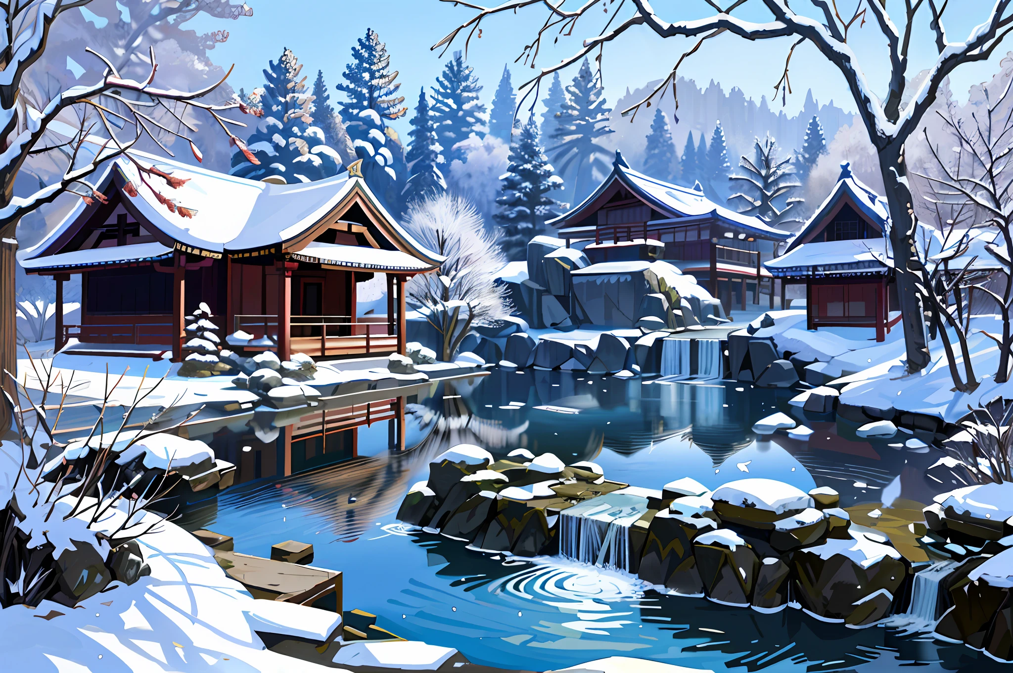 Ancient Chinese architecture, winter, plum blossoms, bamboo, lake, stone bridge, rockery, arch, corner, tree, tap water, landscape, waterfall, meadow, rock, water lily, hot springs, water vapor, (illustration: 1.0), epic composition, realistic lighting, high-definition detail, masterpiece, best quality, (very detailed CG unified 8k wallpaper)