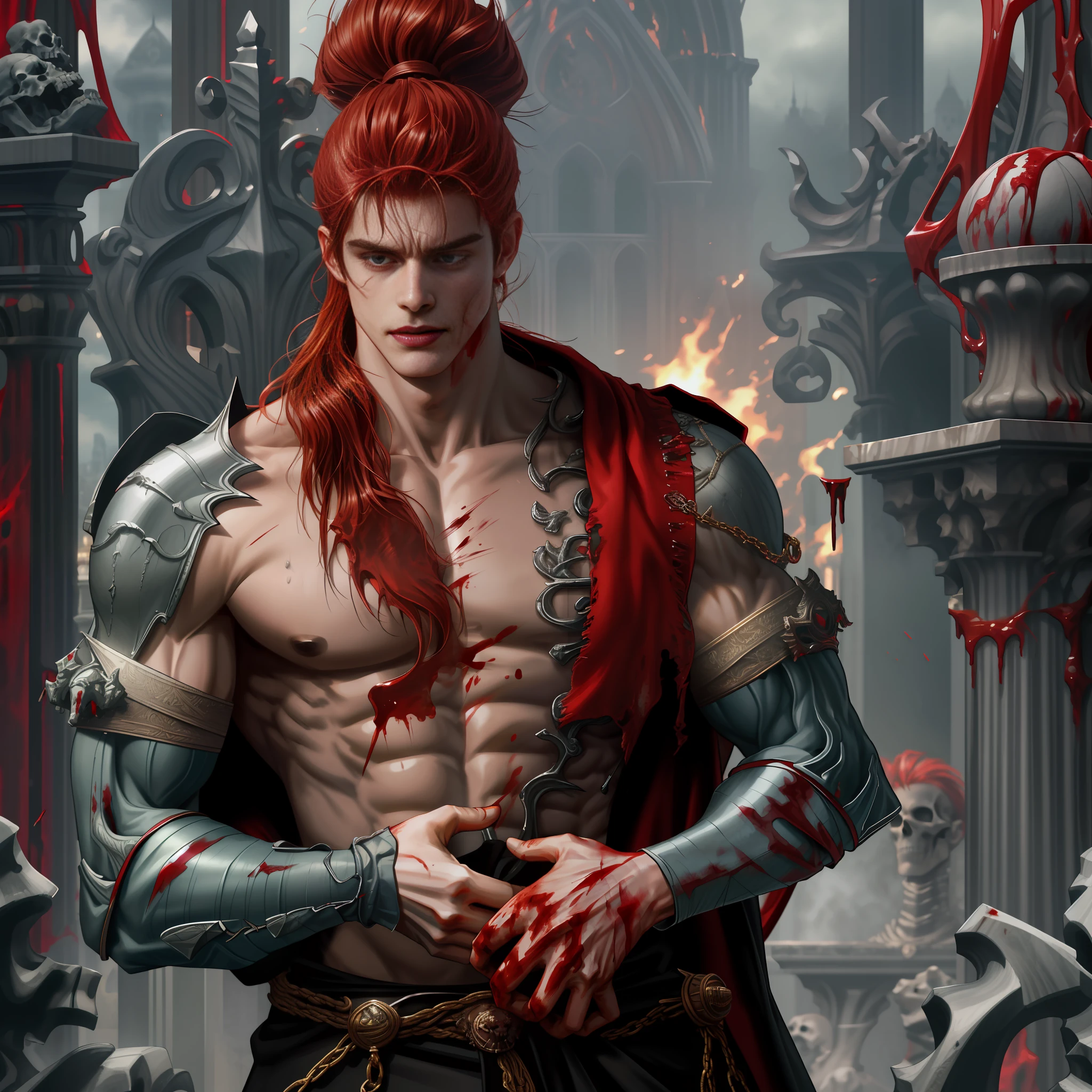 Looks perfect in the form of realistic display and hyper detail, ZBrush, excessive realistic oil,create fit, man, muscle, bouncing, sweat, red hair, evil aura, arrogant, dark skin, stripped, naked body, dark castle, throne, skeleton, blood splatter, (bloody:1.3), psychosis