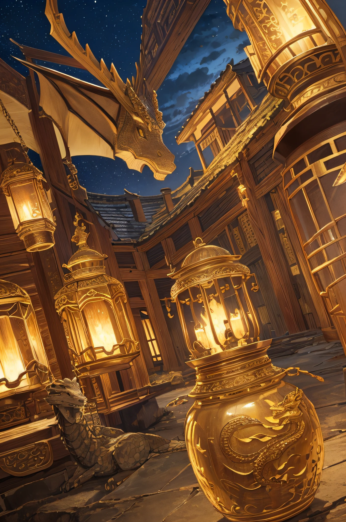 (masterpiece),(extremely detailed),The dragon-patterned jars lay quietly in the desolate village.(in the night),4k,(dim light),((twilight))