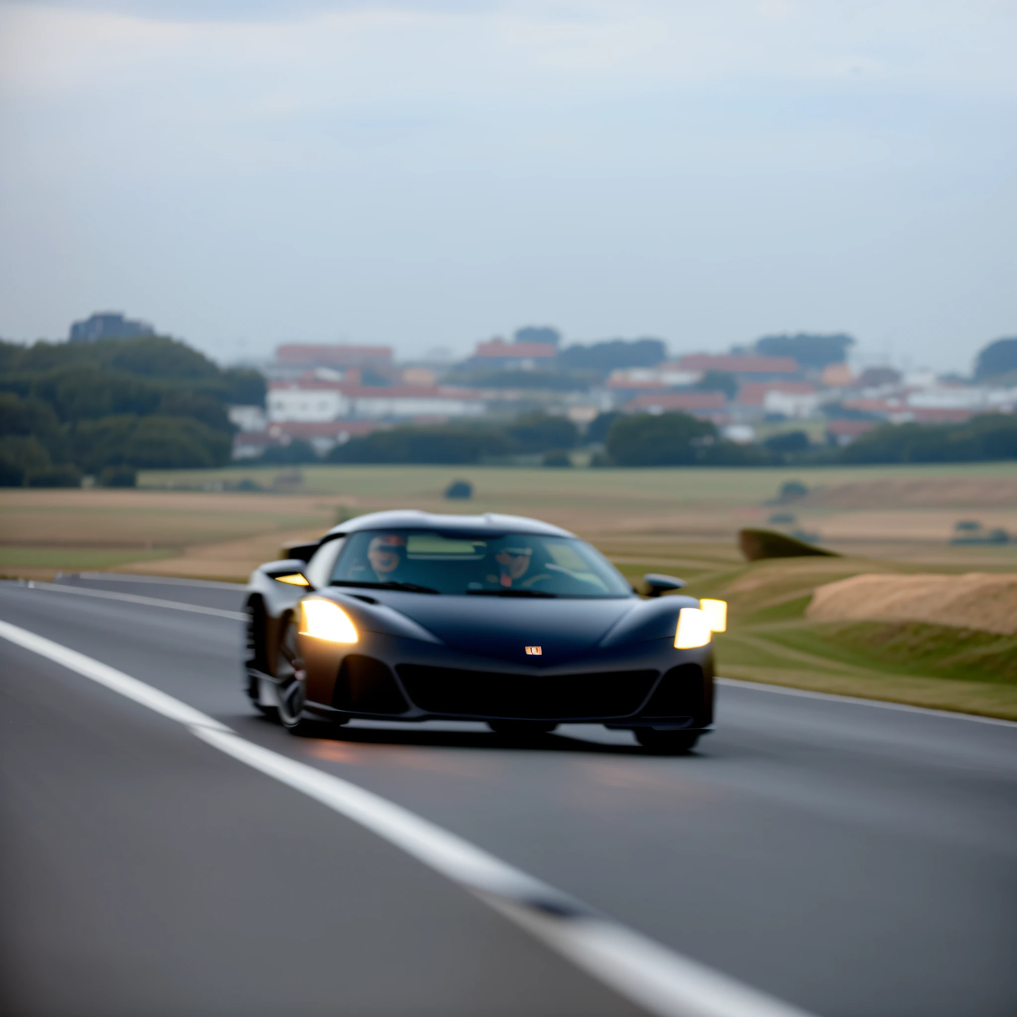 A black sports car driving on the road, extremely strong wind, high-speed chase, high wind, HD quality, 4K picture quality, handsome sports car on the highway, the car moves fast, the license plate says SAROTIN