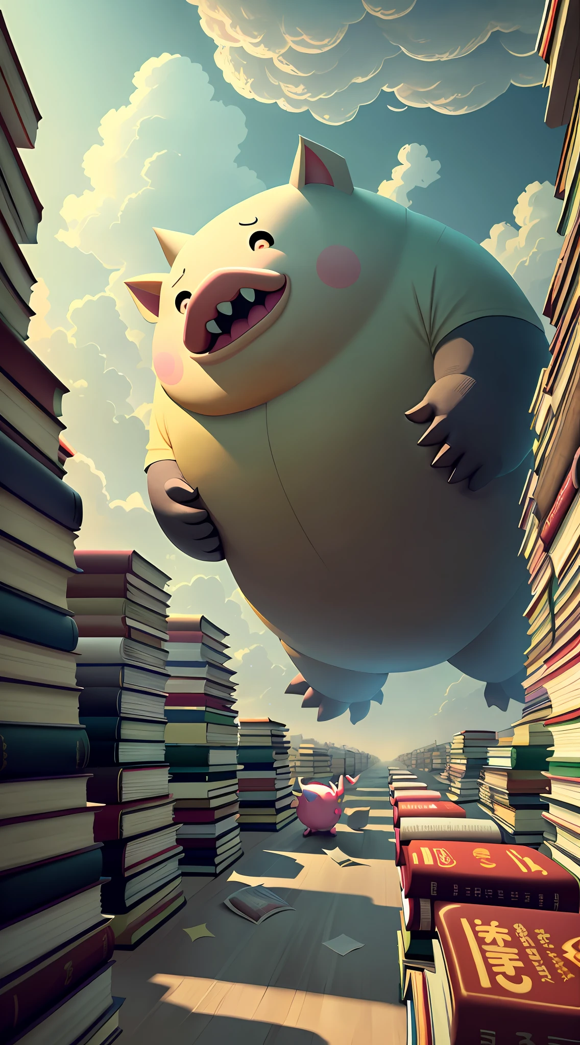 A huge fat pig-shaped ((monster sculpture)) made up of many books is collapsing, many books and books are scattered all over the place, the sky is tornado rolling up a lot of paper books, colorful and sunny, there is a small figure of a standing child on the ground, very allegorical pictures, high quality, 8k