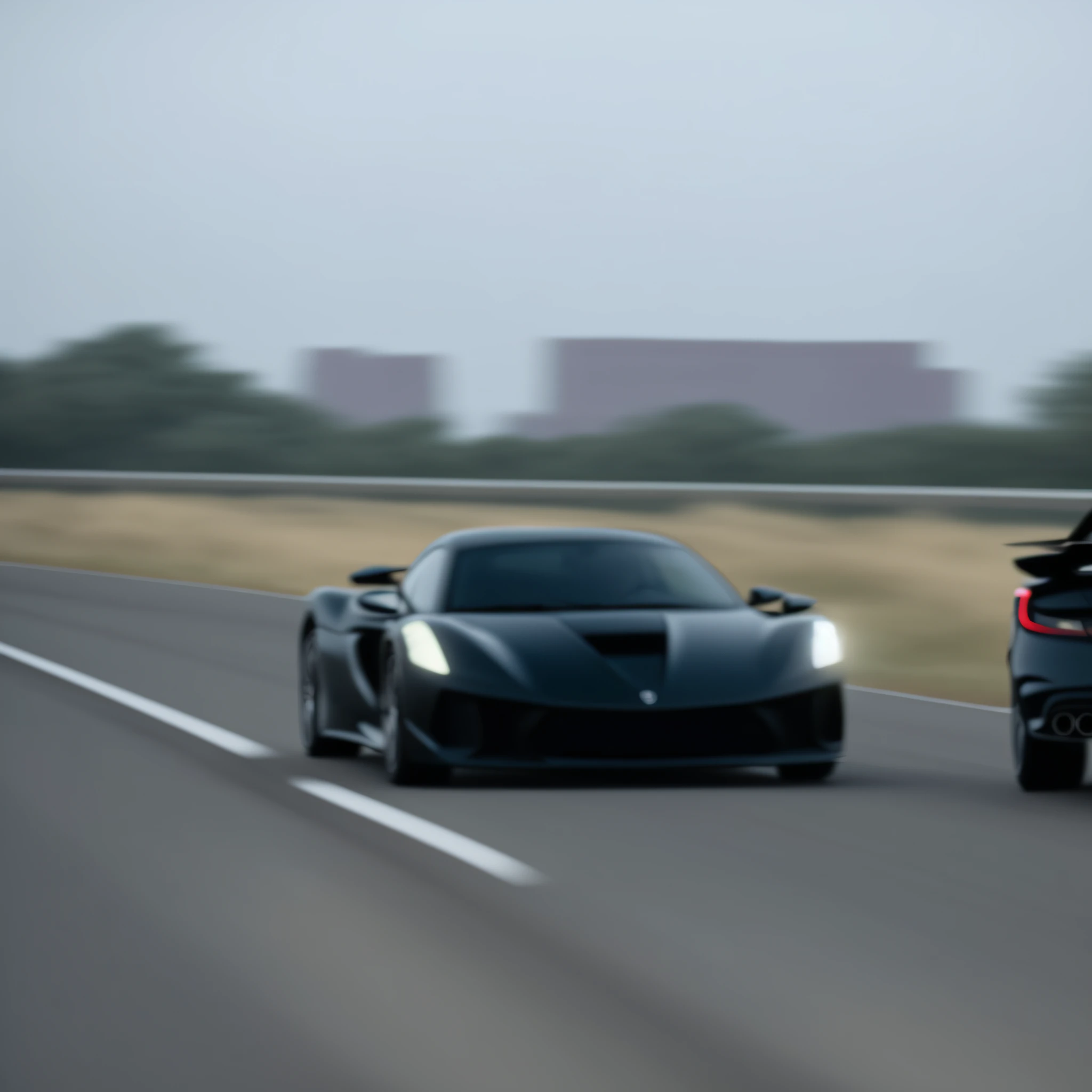 A black sports car driving on the road, extremely strong wind, high-speed chase, high wind, HD quality, 4K picture quality, handsome sports car on the highway, the car moves fast, the license plate says SAROTIN, there are no cars and people around.