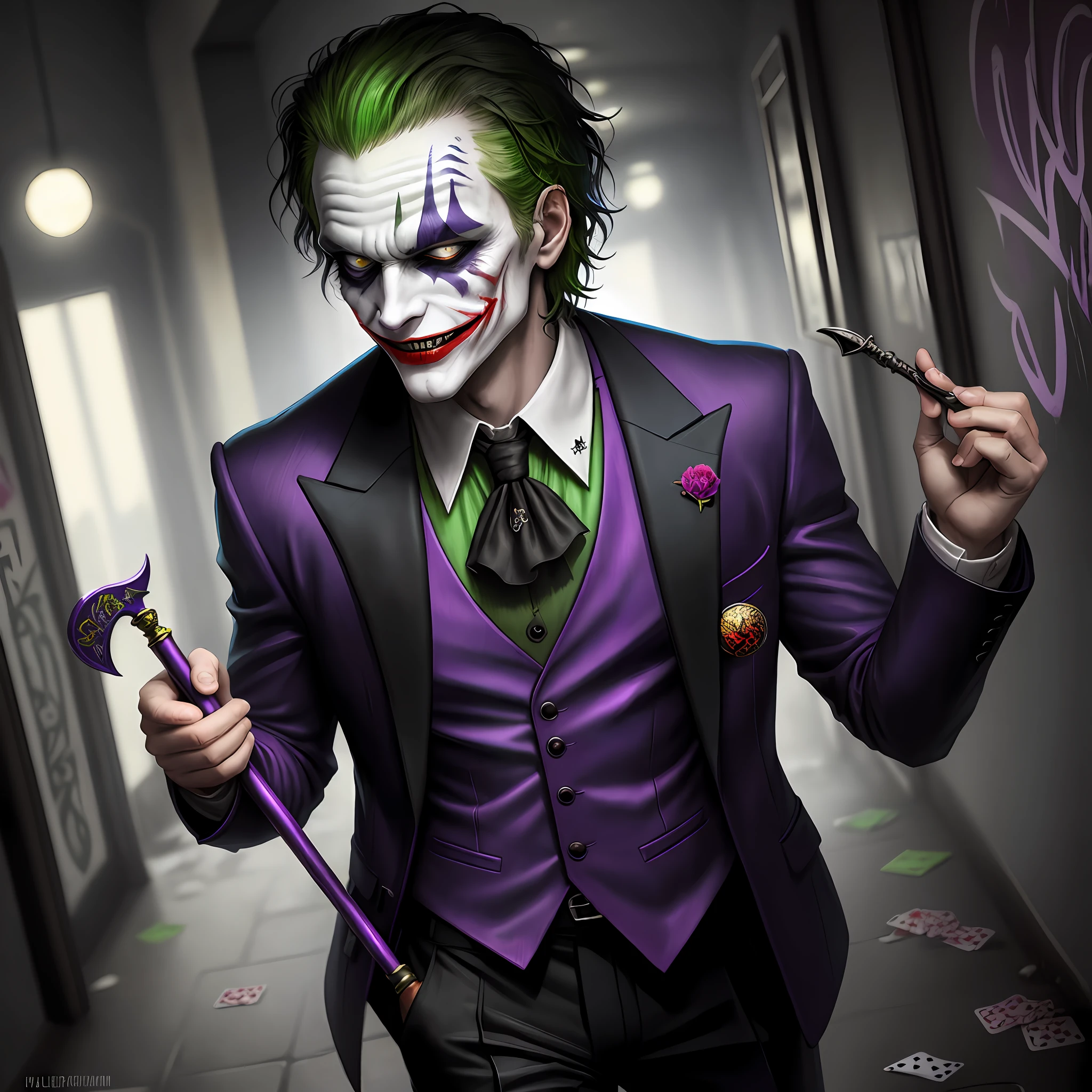 Imagine a detailed and vibrant illustration of the Joker, the iconic DC Comics villain, in a dark and gloomy environment of Gotham City. The Joker is standing in an alley lit by moonlight, with a sinister and malicious smile on his face. His eyes are full of madness, and his messy green hair frames his pale face. He wears his characteristic purple suit, with a flower on the lapel that surely hides some deadly trick. In one hand he holds a deck of poker cards, while in the other he carries a staff with a jester's head on the tip. Around him, the atmosphere is gloomy and full of shadows, with graffiti on the walls and garbage scattered on the floor, reflecting the chaos the Joker enjoys sowing in the city.