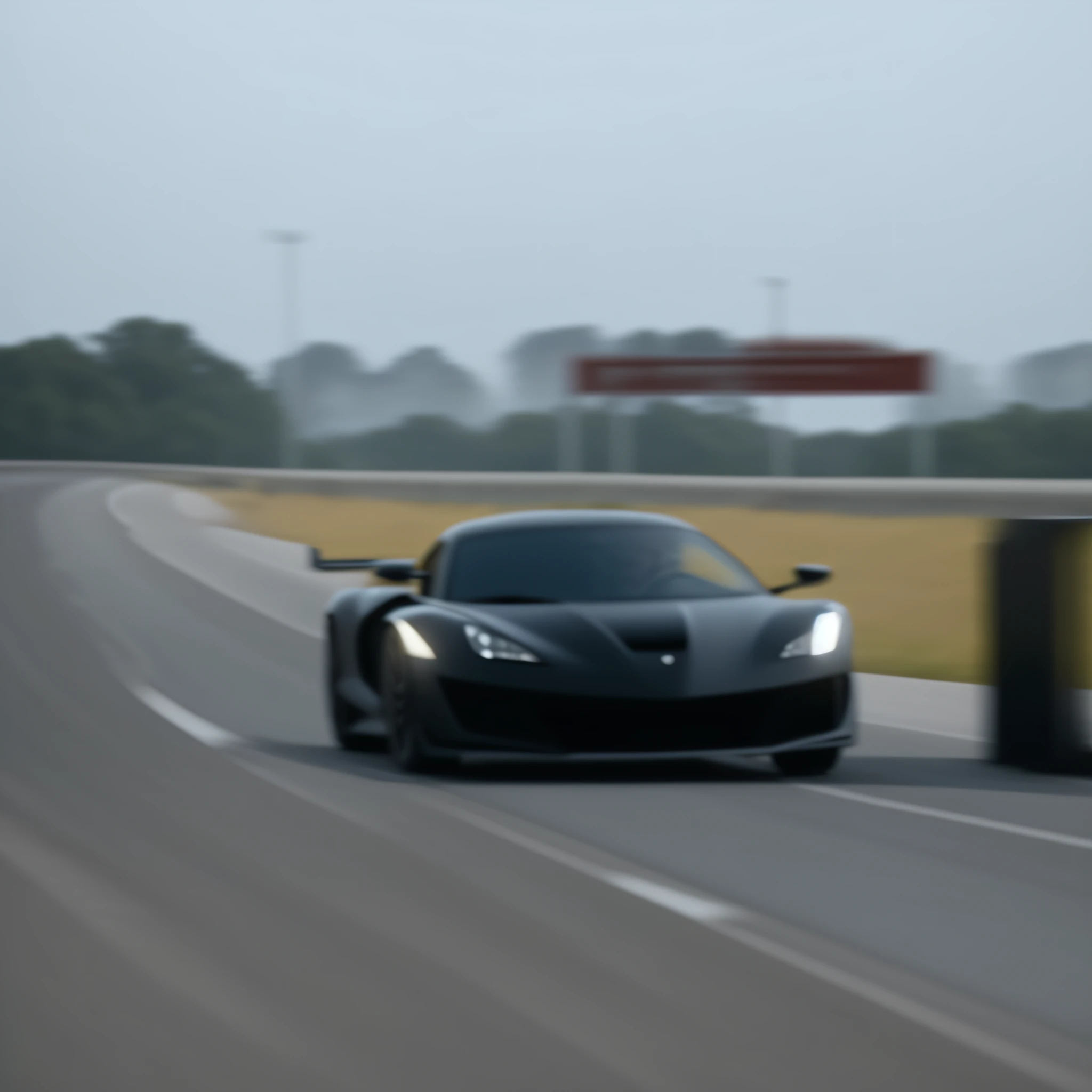 A black sports car driving on the road, extremely strong wind, high-speed chase, high wind, HD quality, 4K picture quality, handsome sports car on the highway, the car moves fast, the license plate says SAROTIN, there are no cars and people around.