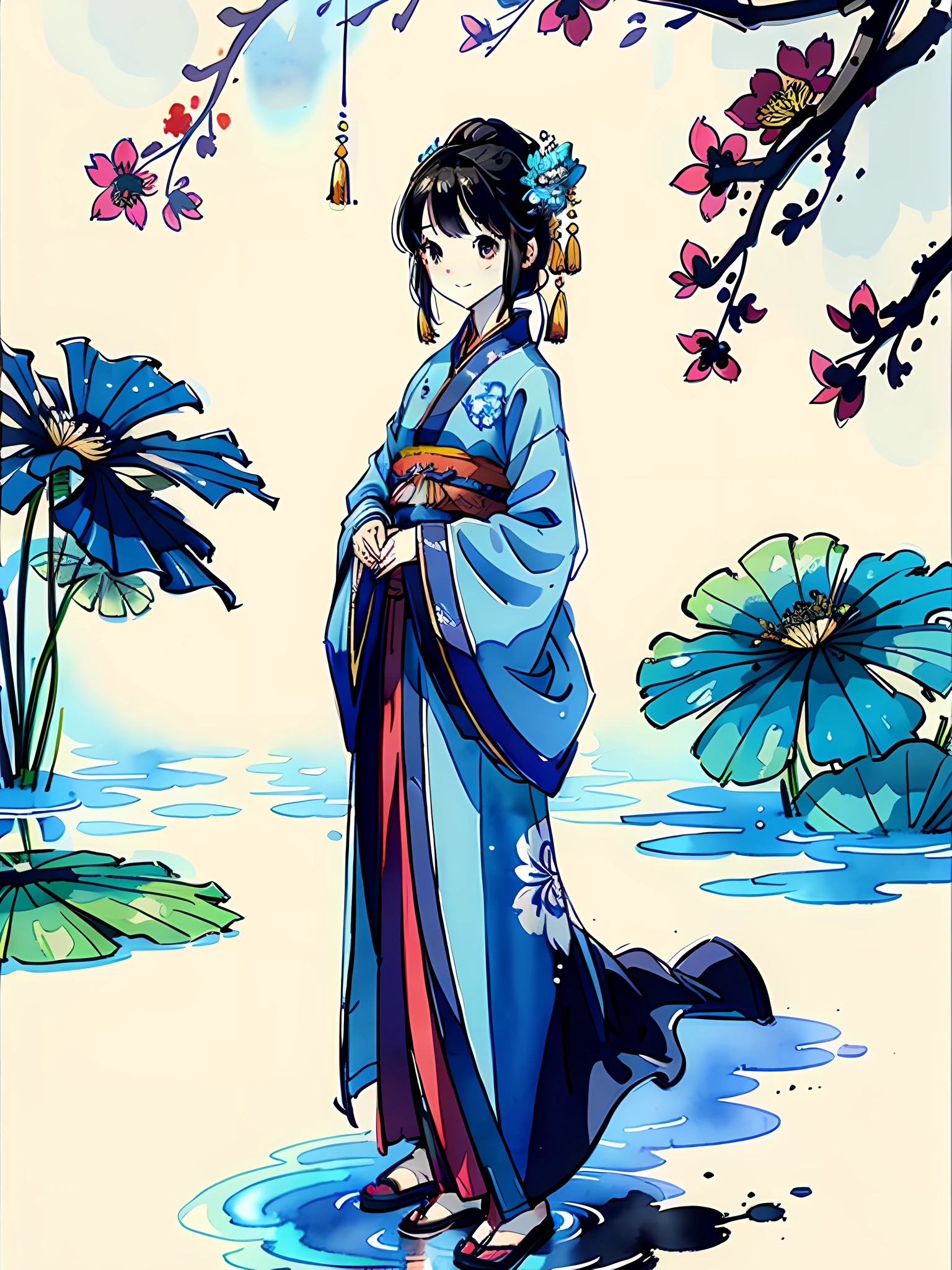 ((4k, masterpiece, best quality, artwork)), ink, Chinese painting, watercolor, lotus, hanbok, hanbok, maxiskit, dressed conservatively, 1 beautiful girl, solo, long blue hair, smiling, standing, feet in water, barefoot, (illustration: 1.1), (best quality), (masterpiece: 1.1), (very detailed CG unity 8k wallpaper: 1.1), (color: 0.9), (panorama: 1.4), (full body: 1.05), (single: 1.2 ), (splash ink), (splash color), ((watercolor)), clear and sharp, {1girl standing}, ((chinoiserie)), floral background, outdoor, rock, look at the viewer, make happy expressions, soft smile, pure, beautiful detailed face and eyes, beautiful complex clothing pattern details, black hair, black eyes, color watercolor, ultra HD resolution, 8k wallpaper, UHD, more details, high quality, high detail, rich detail, high score efficiency