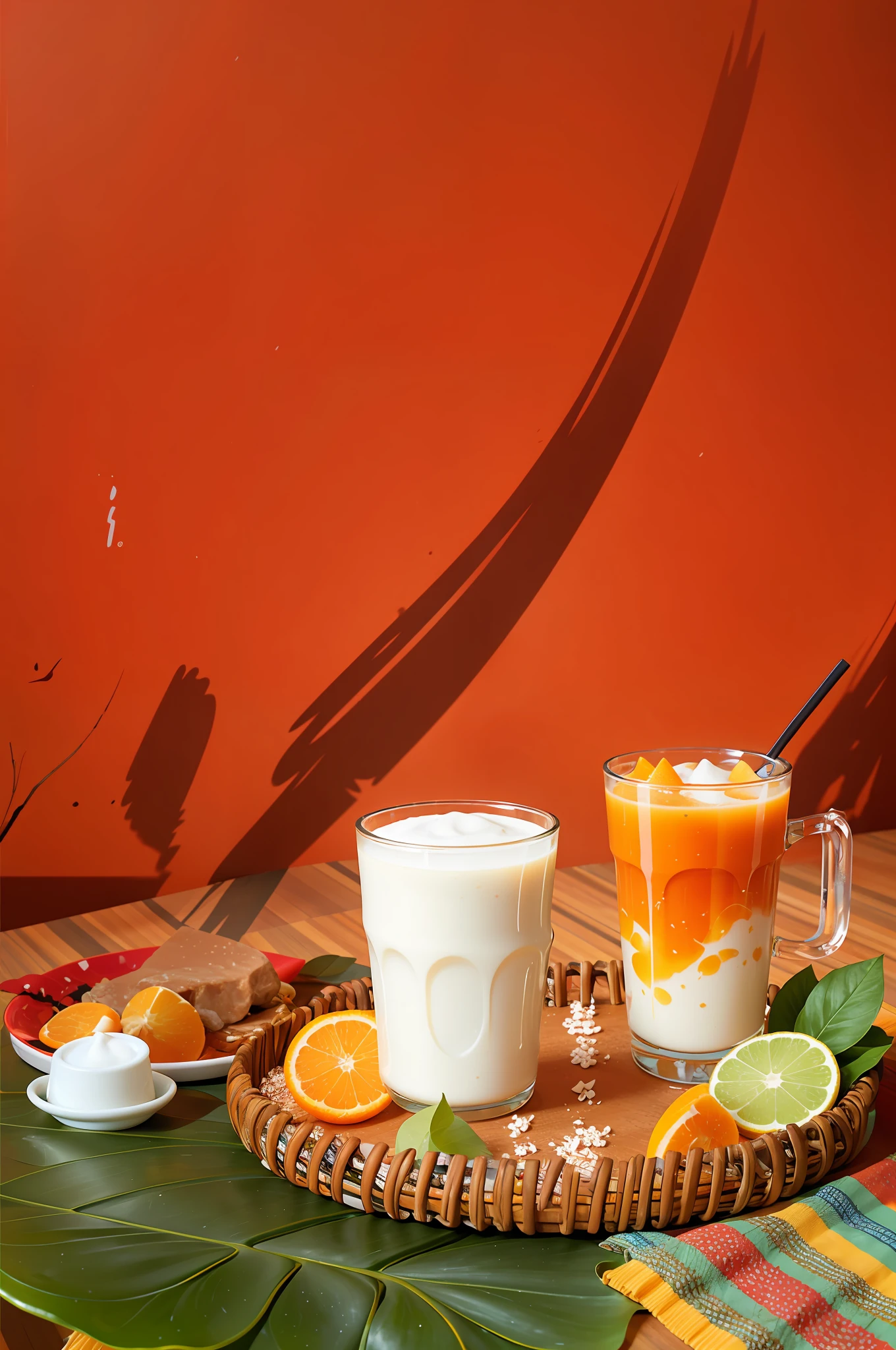 there is a glass of milk and a glass of orange juice on a tray, colored milk tea, product introduction photo, cold drinks, commercial product photography, high quality food photography, product photography, product shoot, orange and white color scheme, (light orange mist), white and orange, product introduction photos, food styling, by Tan Ting-pho, highly detailed composition