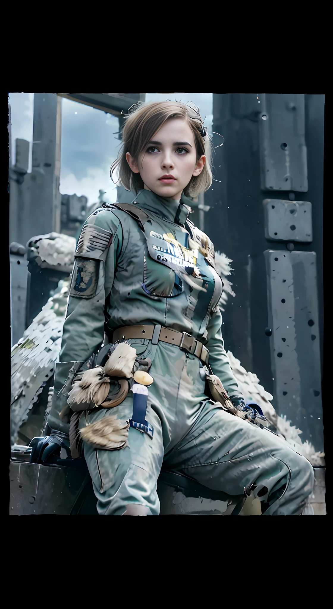 araffe in a military uniform sitting on a bench, mechanized soldier girl, quiet from metal gear solid, soldier girl, wearing military outfit, infantry girl, emma watson vietnam door gunner, dieselpunk soldier girl, military outfit, soldier outfit, quiet from metal gear solid v, military girl, solo female character, army girl outfit, from metal gear