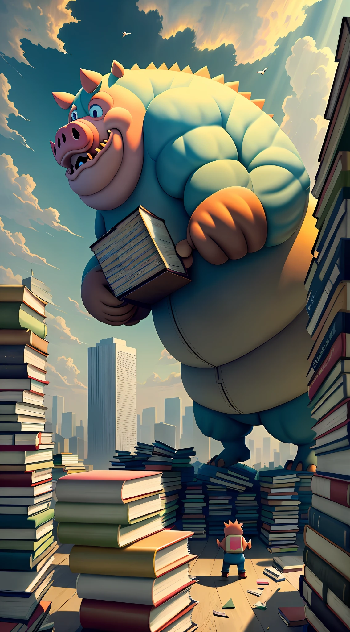 A huge fat pig-shaped ((monster sculpture)) made up of many books is collapsing, many books and books are scattered all over the place, the sky is tornado rolling up a lot of paper books, colorful and sunny, there is a small figure of a standing child on the ground, very allegorical pictures, high quality, 8k
