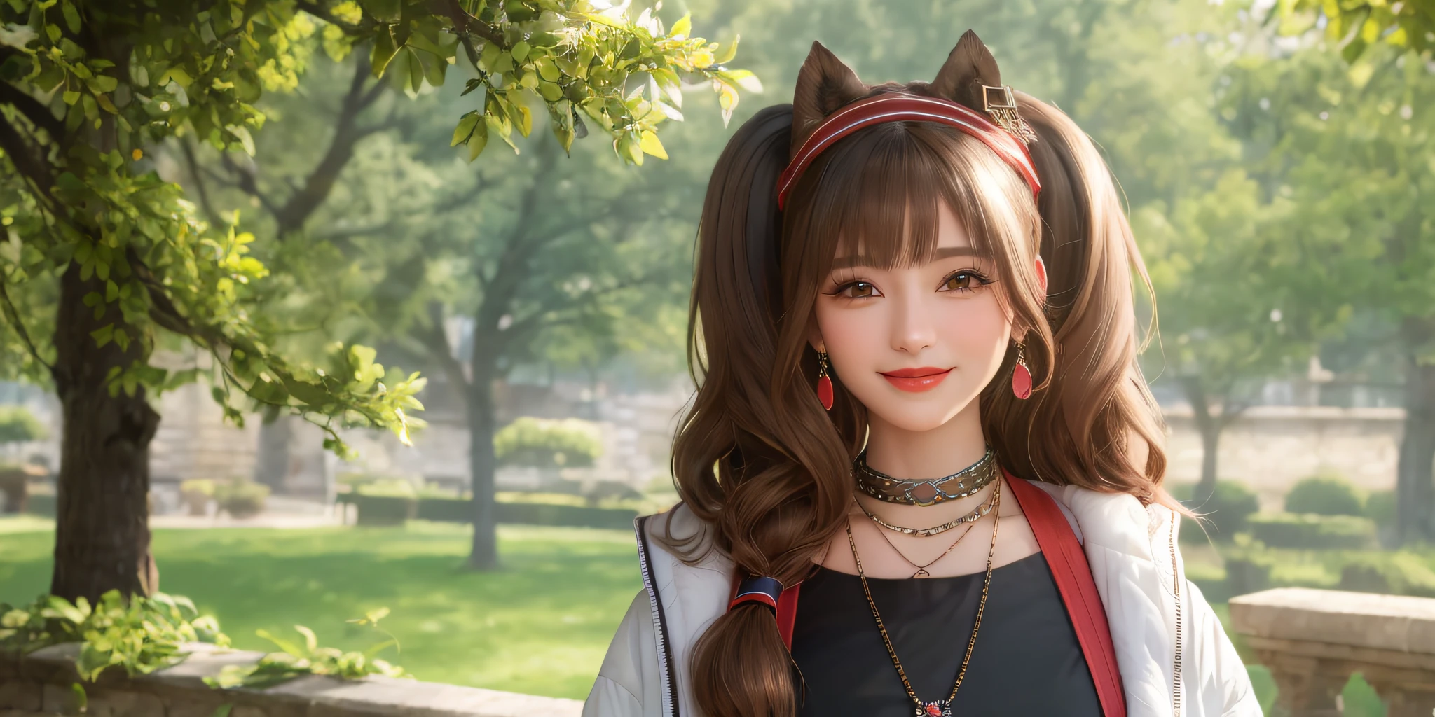 4k, standing in front of castle, smile, necklace, earrings, full body, long brown pigtail hair, white coat, superb, ultra-high-definition, RAW photo, realism: 1.25), (bright lip gloss, long eyelashes, smooth face , bright skin, natural shadows, wide light, wide light, depth of field, strong colors, subtle caustics: 0.8), smile, (big tits), v6