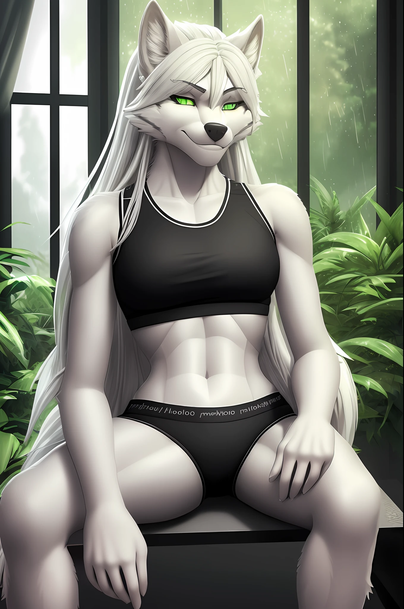 ((masterpiece)), ((solo portrait)), ((furry; antrho wolf girl)), ((detailed fur)), ((raytracing)), ((detailed shading)), ((beautiful render art)), ((above view)), {anthro wolf; (grey fur, white belly), clear green eyes, long white messy hair, seductive gaze; (bedroom eyes, smug smirk), red sports bra, black gym underwear}, (sitting on gym bench; (legs spread), attractive pose), [background; open room, window; (outside rainy, cloudy)]