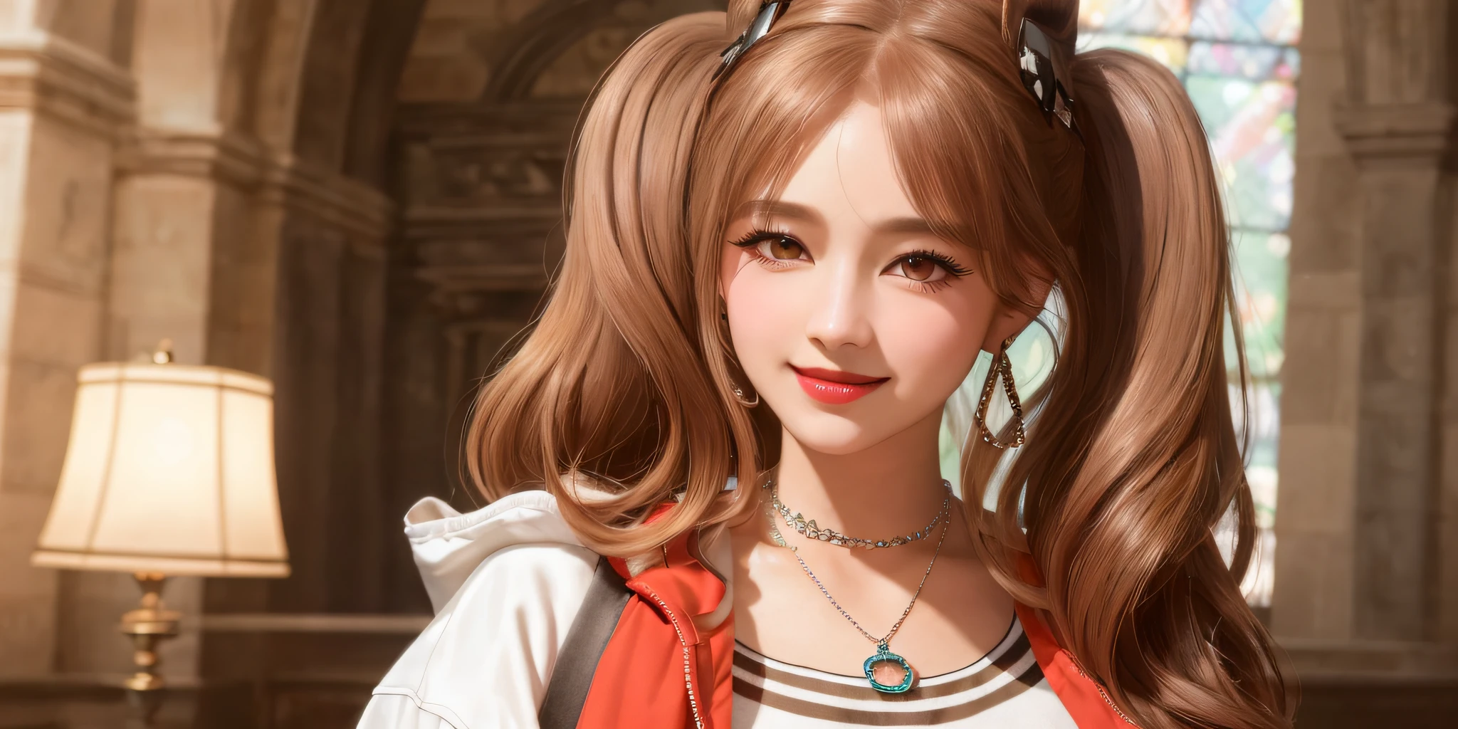 4k, standing in front of castle, smile, necklace, earrings, full body, long brown pigtail hair, white coat, superb, ultra-high-definition, RAW photo, realism: 1.25), (bright lip gloss, long eyelashes, smooth face , bright skin, natural shadows, wide light, wide light, depth of field, strong colors, subtle caustics: 0.8), smile, (big tits), v6