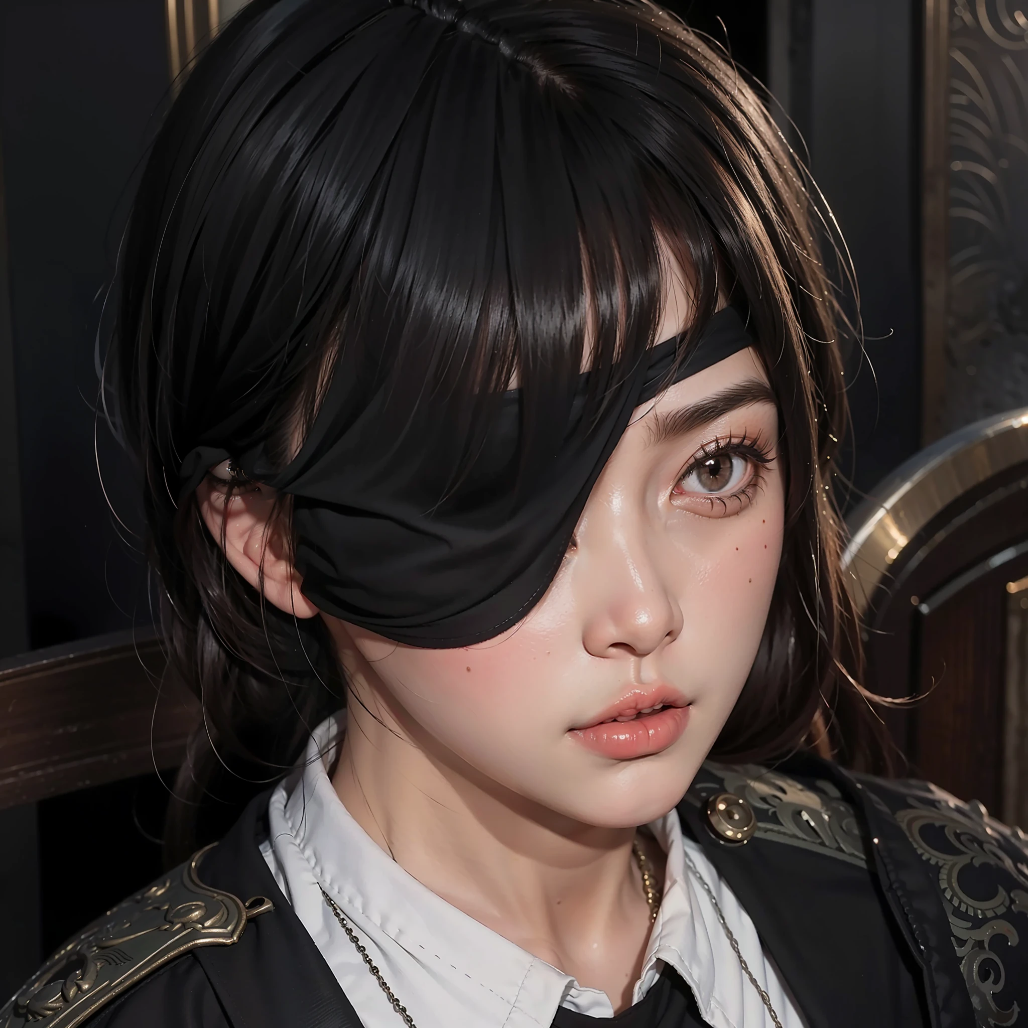 Best quality, masterpiece, big boobs, (large breasts), detailed skin texture, detailed cloth texture, detailed face, super detail, 8k, intricate detail, 1girl, detail eyes, blindfold on the right eye