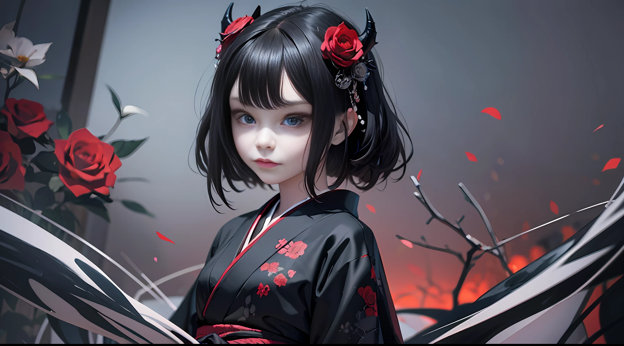 ilustratiom of demon girls with black kimono,sad face,black roses,creepy smiles,3D,upscales --auto --s2