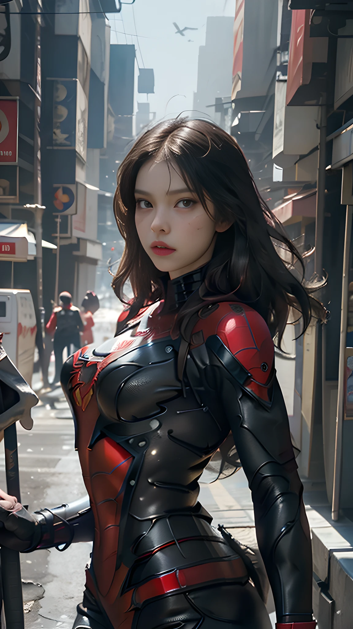 Beautiful woman with detailed defined body using Spider-Man role-playing, medium breasts, she wears Spider-Man suit, red and black color scheme, spider, detailed face messy, gorgeous, milky white, highly detailed skin, realistic skin details, visible pores, sharp focus, volumetric fog, 8k uhd, DSLR camera, high quality, film grain, fair skin, photo realism, lomography, huge metropolis in future dystopia,