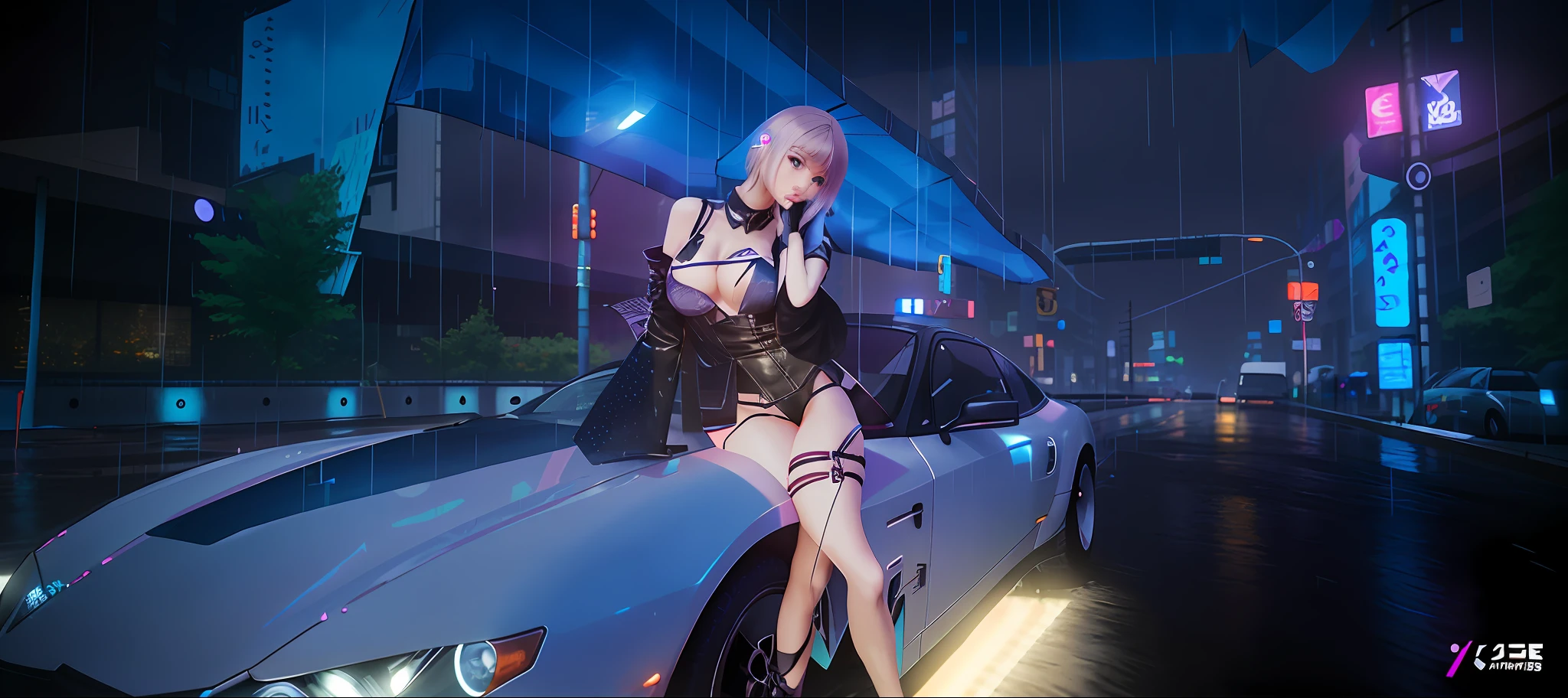 anime girl in lingerie standing on a car in the rain, raining!, driving rain, just after rain, in the rain, cyberpunk femme fatale, under rain, late night raining, wet streets, fashion gameplay screenshot, dreamy cyberpunk girl, in cyberpunk city, rainy wet, raining outside, elegant cinematic pose, rainy day. game render, female cyberpunk anime girl