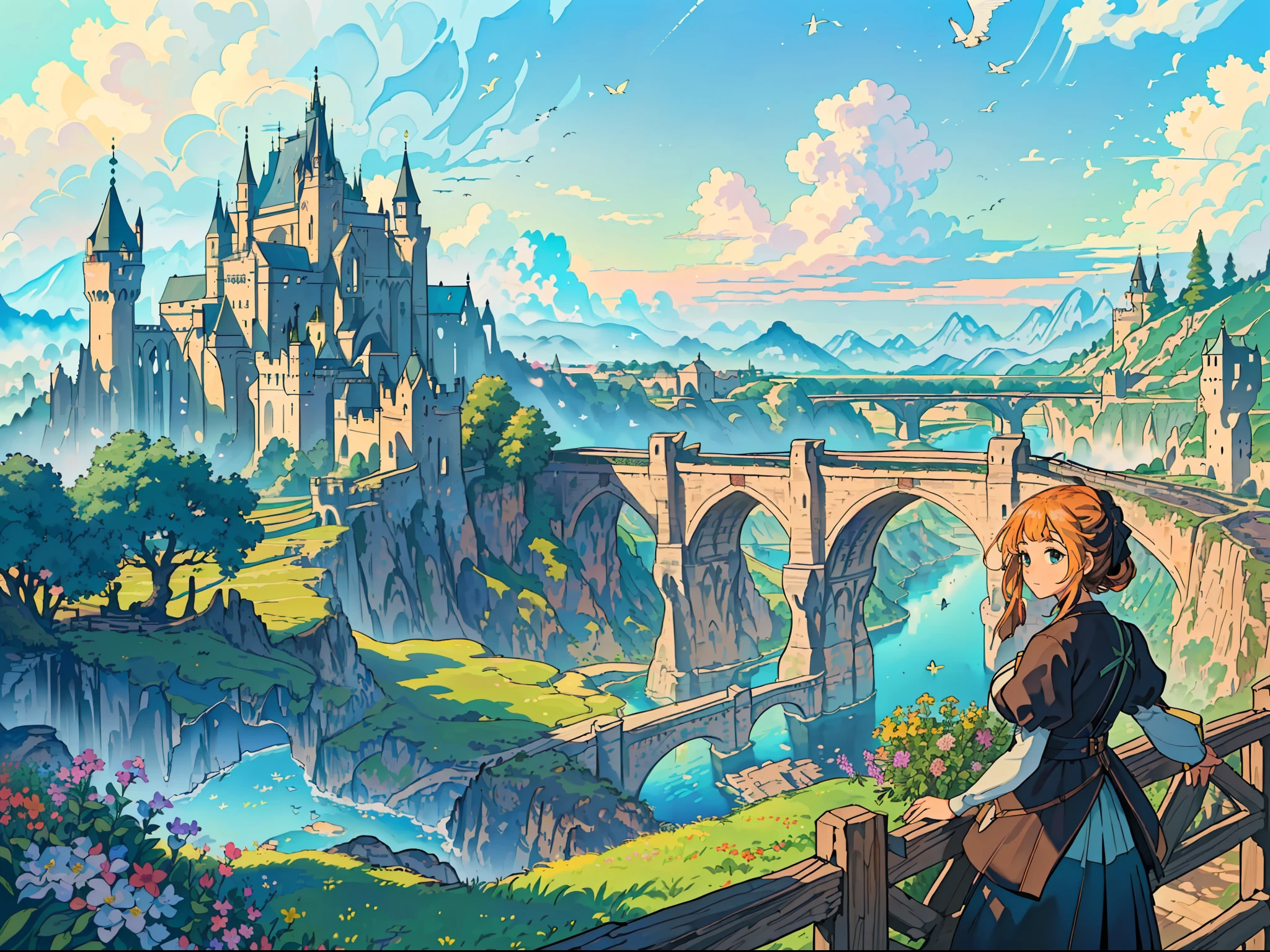 ((Masterpiece, Best Quality, Official Art, Unity 8k Wallpaper, Absurd, High Resolution, (1girl:1.4), Looking Ahead, (Breathtaking Landscapes: 1.2), Natural Wonders, Tranquil Vistas, Outdoor Adventures, (Diverse Ecosystems: 1.2), Scenic Beauty, Trees, Castles, Villages, Flowers, Bridges, Fences, Birds, Colorful Clouds --v6