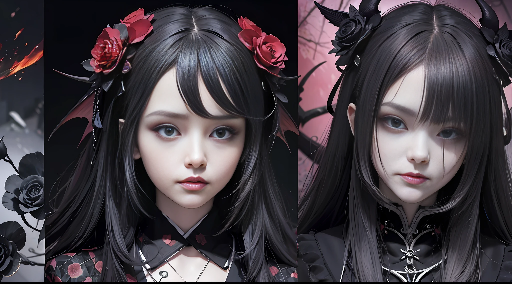 ilustratiom of demon girls with black kimono,sad face,black roses,creepy smiles,3D,upscales --auto --s2