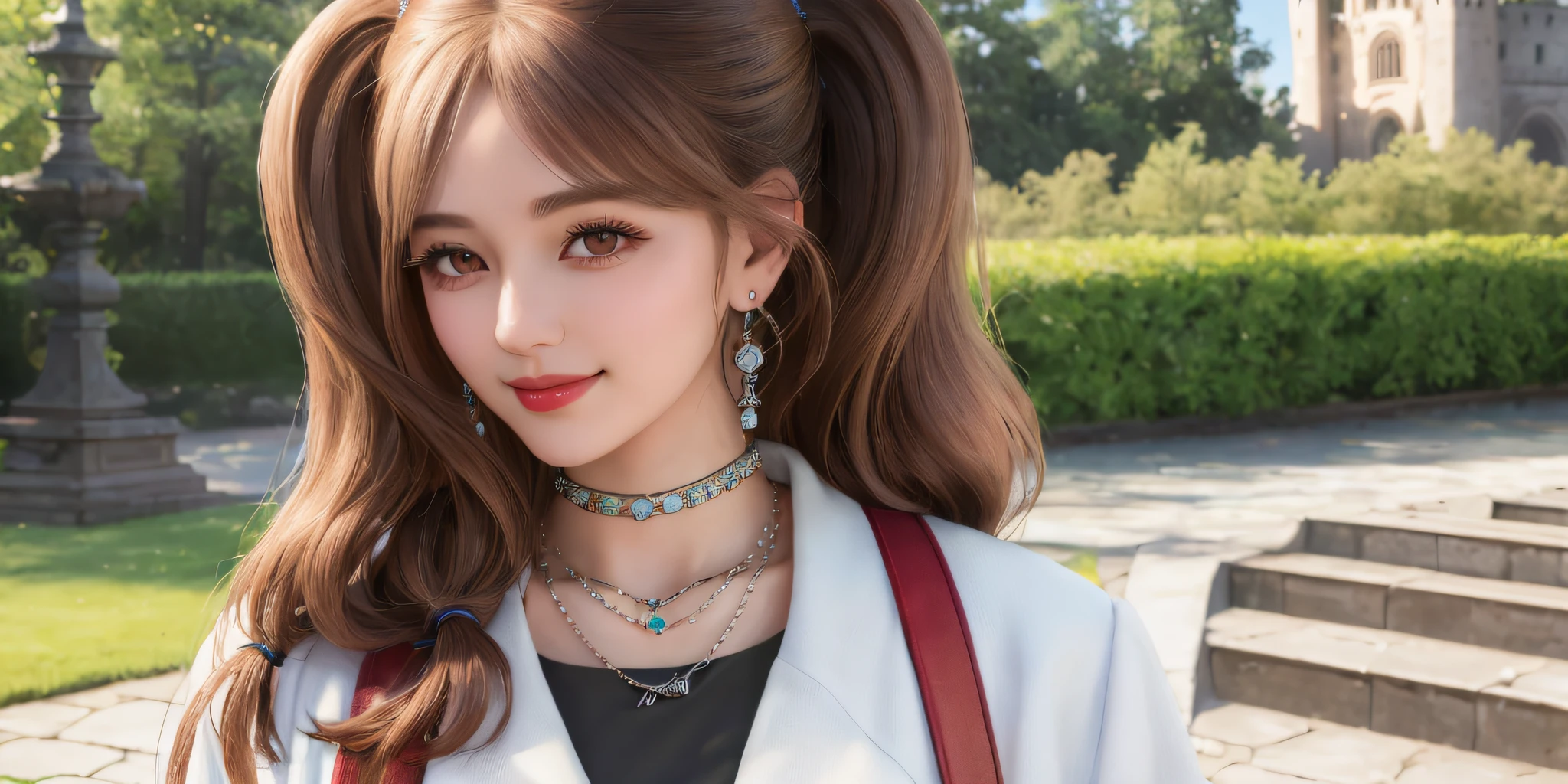 standing in front of castle, smile, necklace, earrings, full body, long brown pigtail hair, white coat, superb, ultra-high-definition, RAW photo, realism: 1.25), (bright lip gloss, long eyelashes, smooth face , bright skin, natural shadows, wide light, wide light, depth of field, strong colors, subtle caustics: 0.8), smile, (big tits), v6