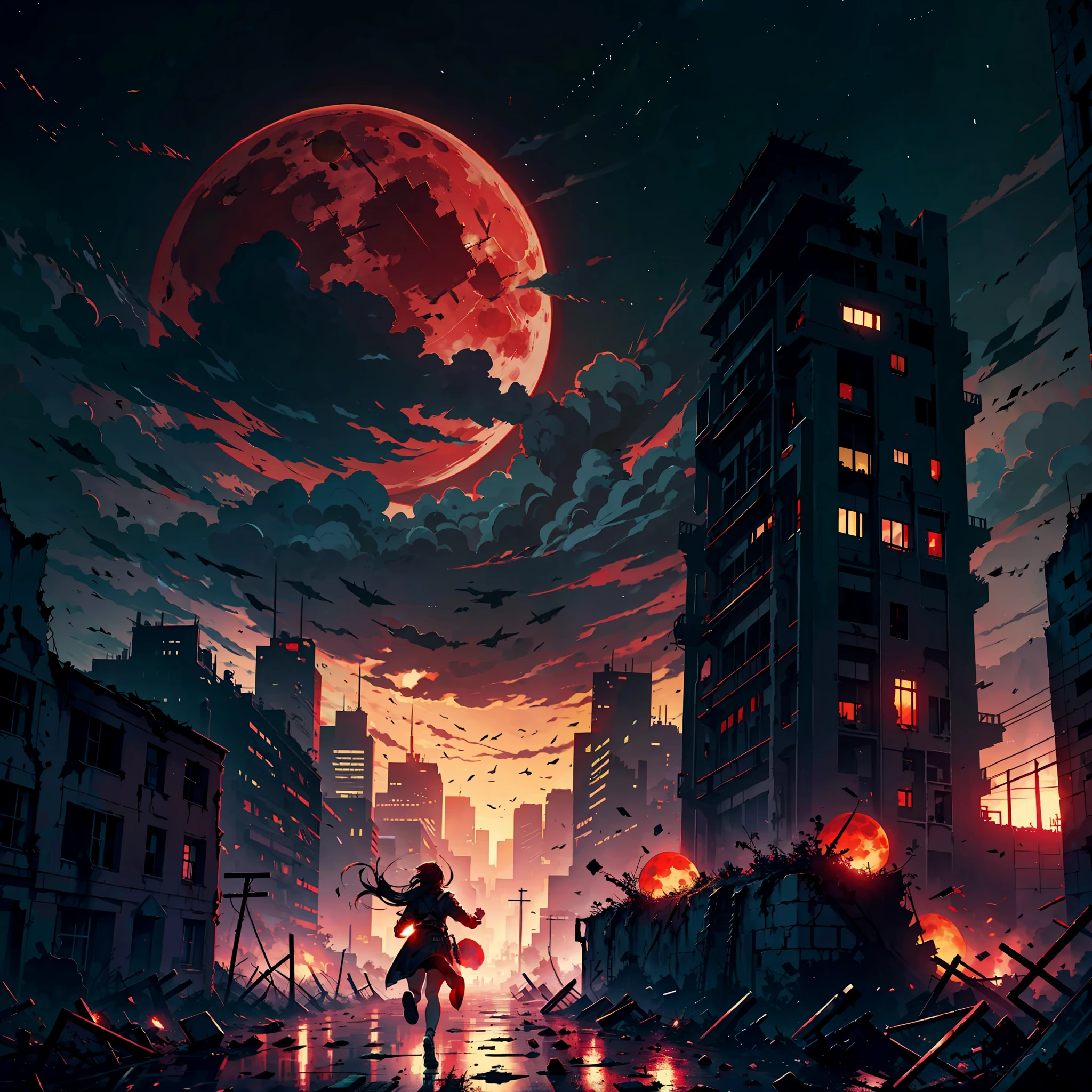 A ruined city, city ruins, a red moon in the sky, disaster struck, panicked humans, running around