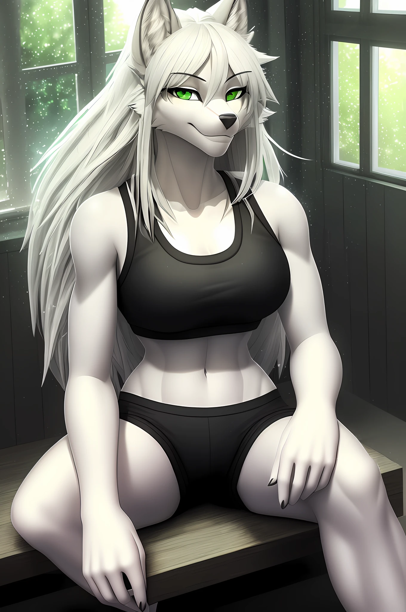((masterpiece)), ((solo portrait)), ((furry; antrho wolf girl)), ((detailed fur)), ((raytracing)), ((detailed shading)), ((beautiful render art)), ((above view)), {anthro wolf; (grey fur, white belly), clear green eyes, long white messy hair, seductive gaze; (bedroom eyes, smug smirk), red sports bra, black gym underwear}, (sitting on gym bench; (legs spread), attractive pose), [background; open room, window; (outside rainy, cloudy)]