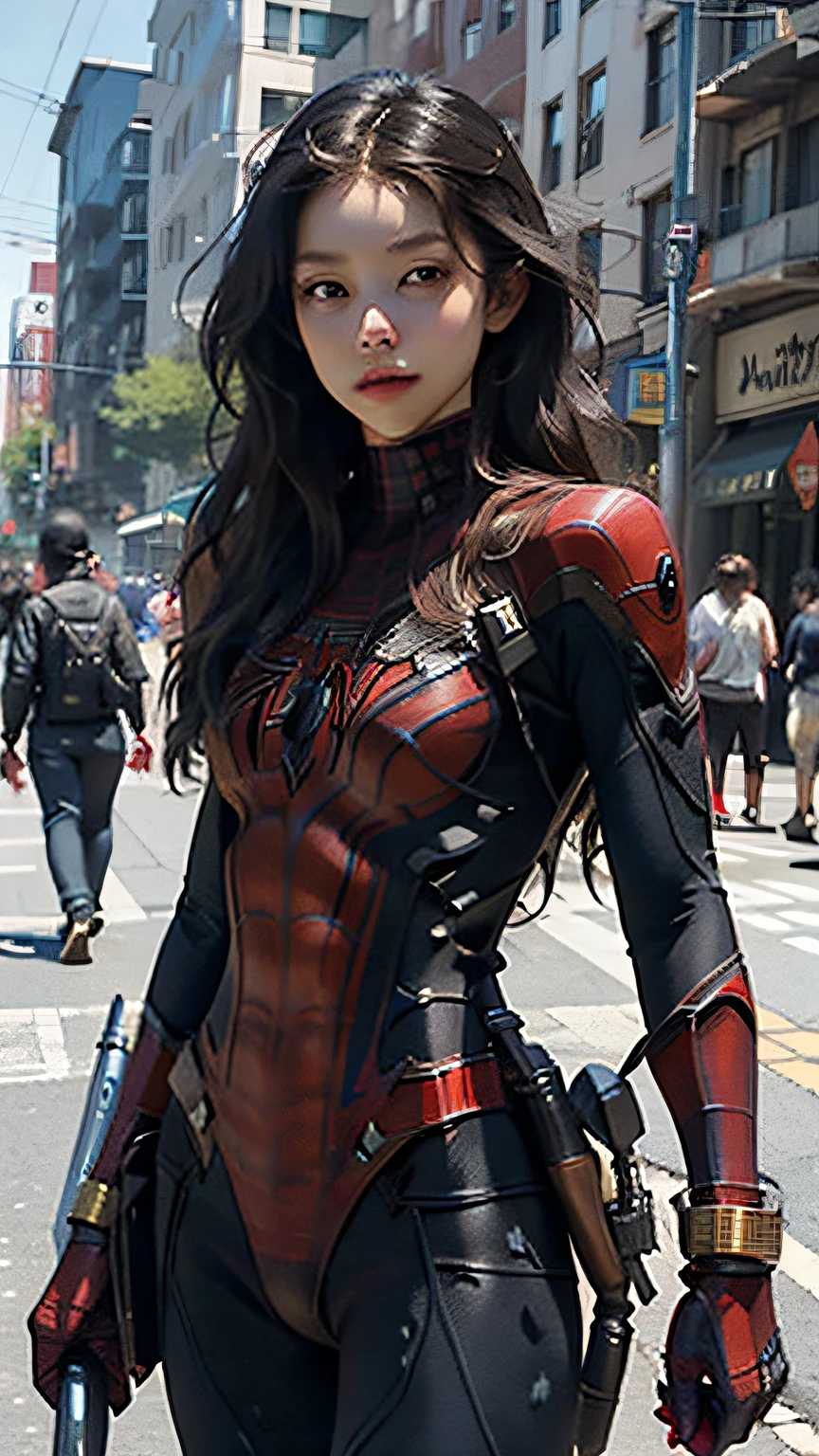 Beautiful woman detailed defined body using spider man cosplay, small breasts