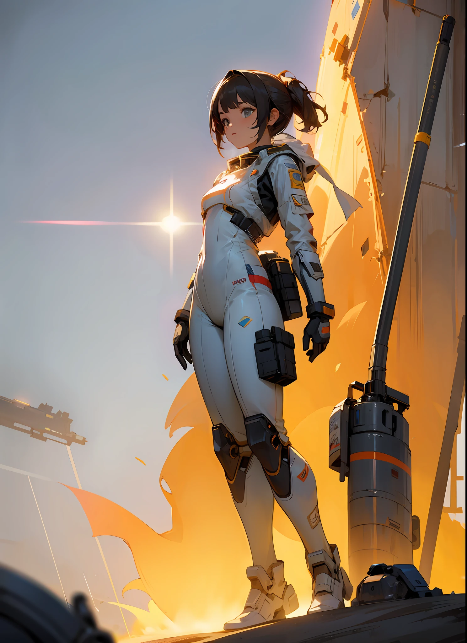 masterpiece, hyperdetail, Illustrations, 1 girl, spacesuit, full body, outdoor, dust, sandstorm, post-apocalyptic wasteland, third person, cinematic lighting