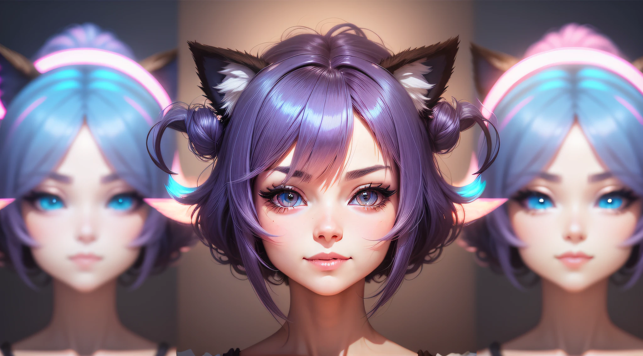 hair bobbles, wince, longeyelashes, solid circle eyes, fake animal ears, light smile, ear blush, fang, Surrealism, drop shadow, anaglyph, stereogram, tachi-e, pov, atmospheric perspective, 8k, ccurate, best quality, masterpiece